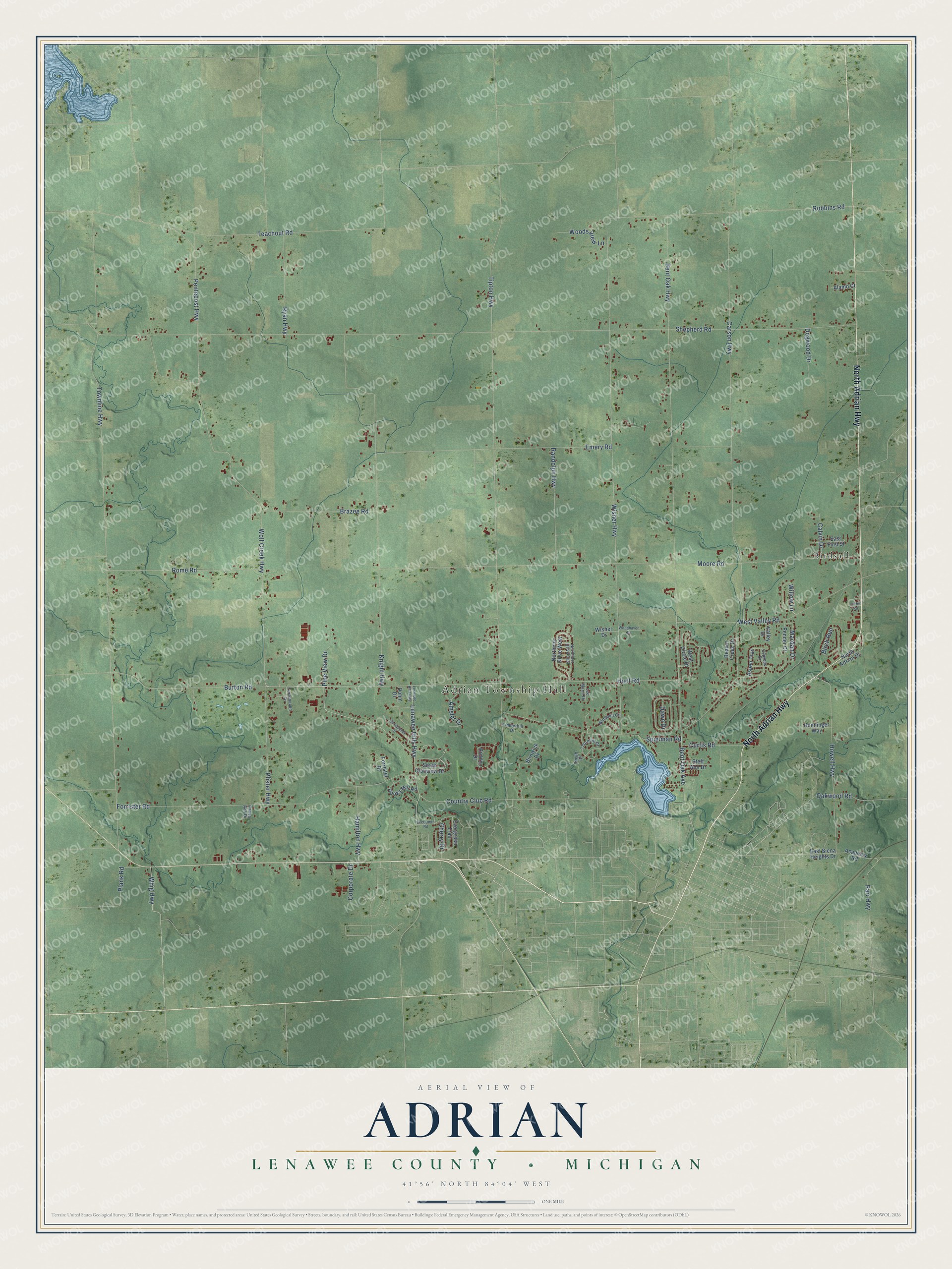 Full map of Adrian, Michigan, with red buildings, printed street names and the land around them