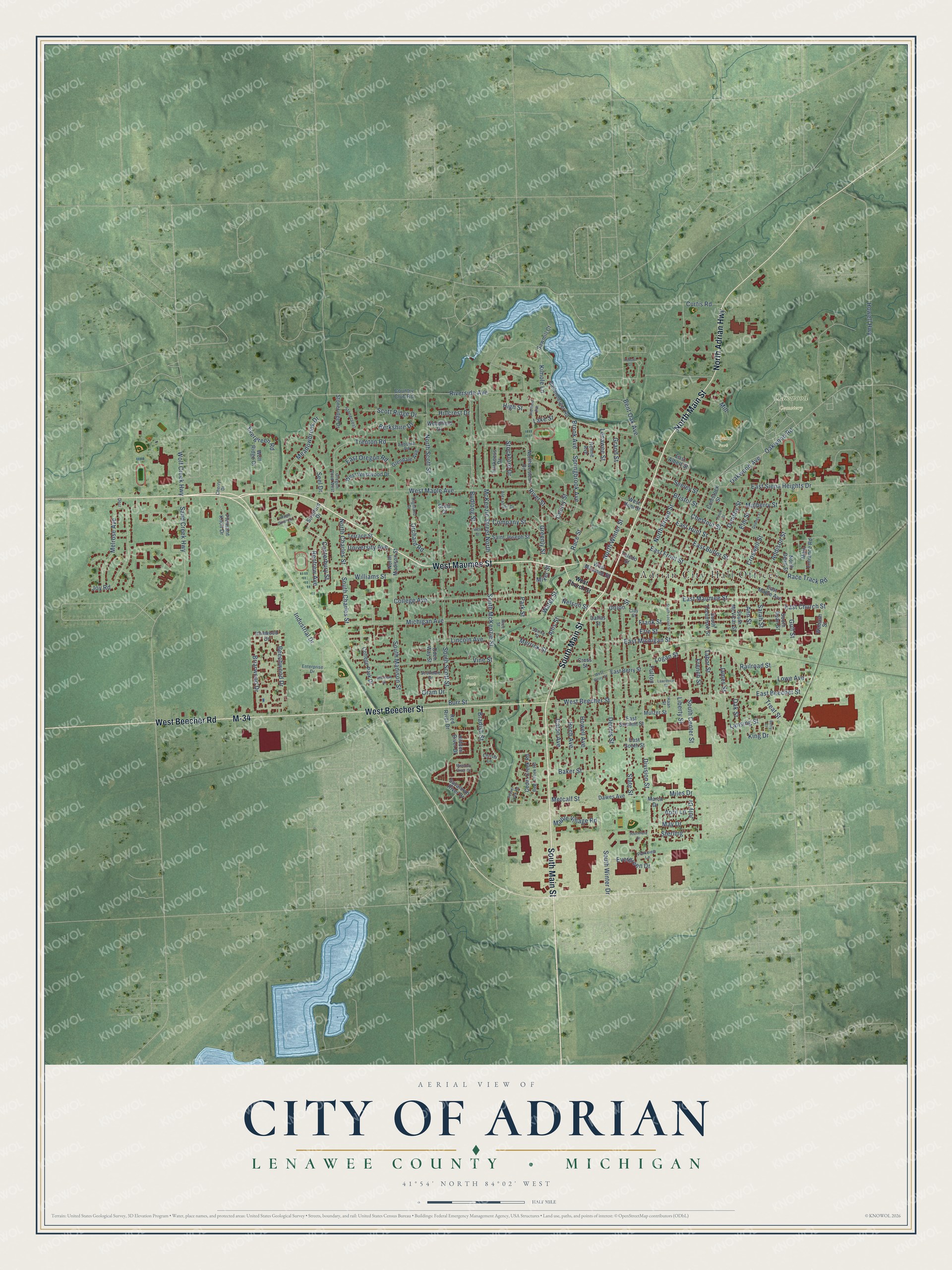 Full map of Adrian, Michigan, with red buildings, printed street names and the land around them