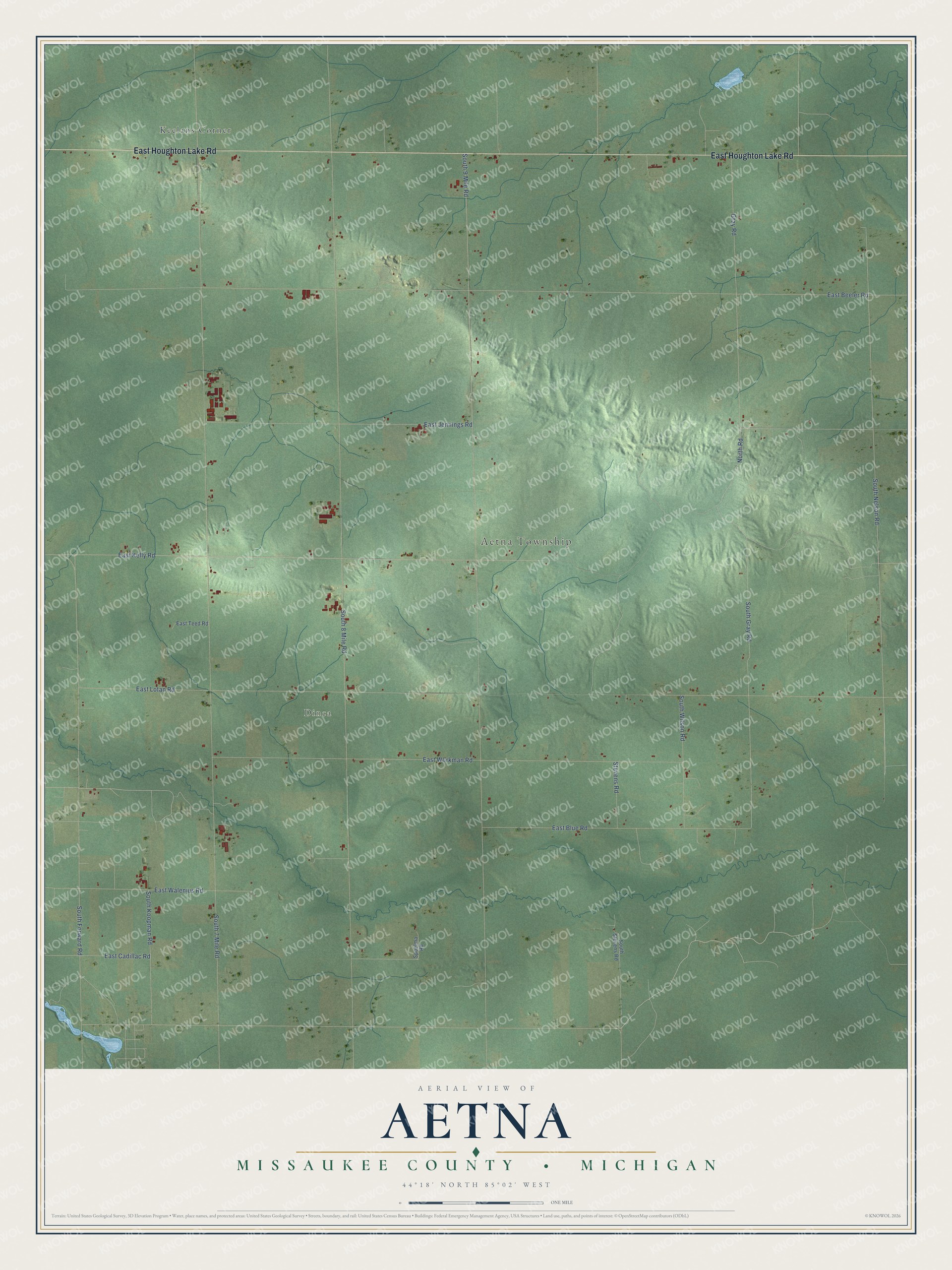 Full map of Aetna, Michigan, with red buildings, printed street names and the land around them