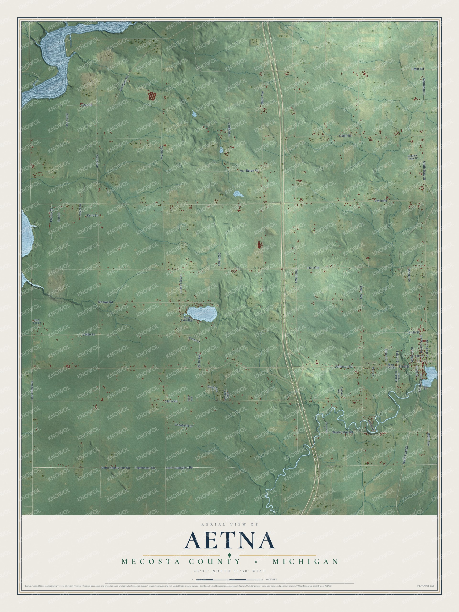 Full map of Aetna, Michigan, with red buildings, printed street names and the land around them