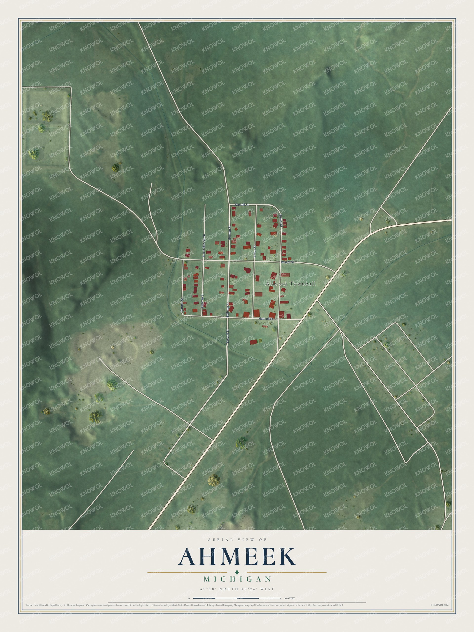 Full map of Ahmeek, Michigan, with red buildings, printed street names and the land around them