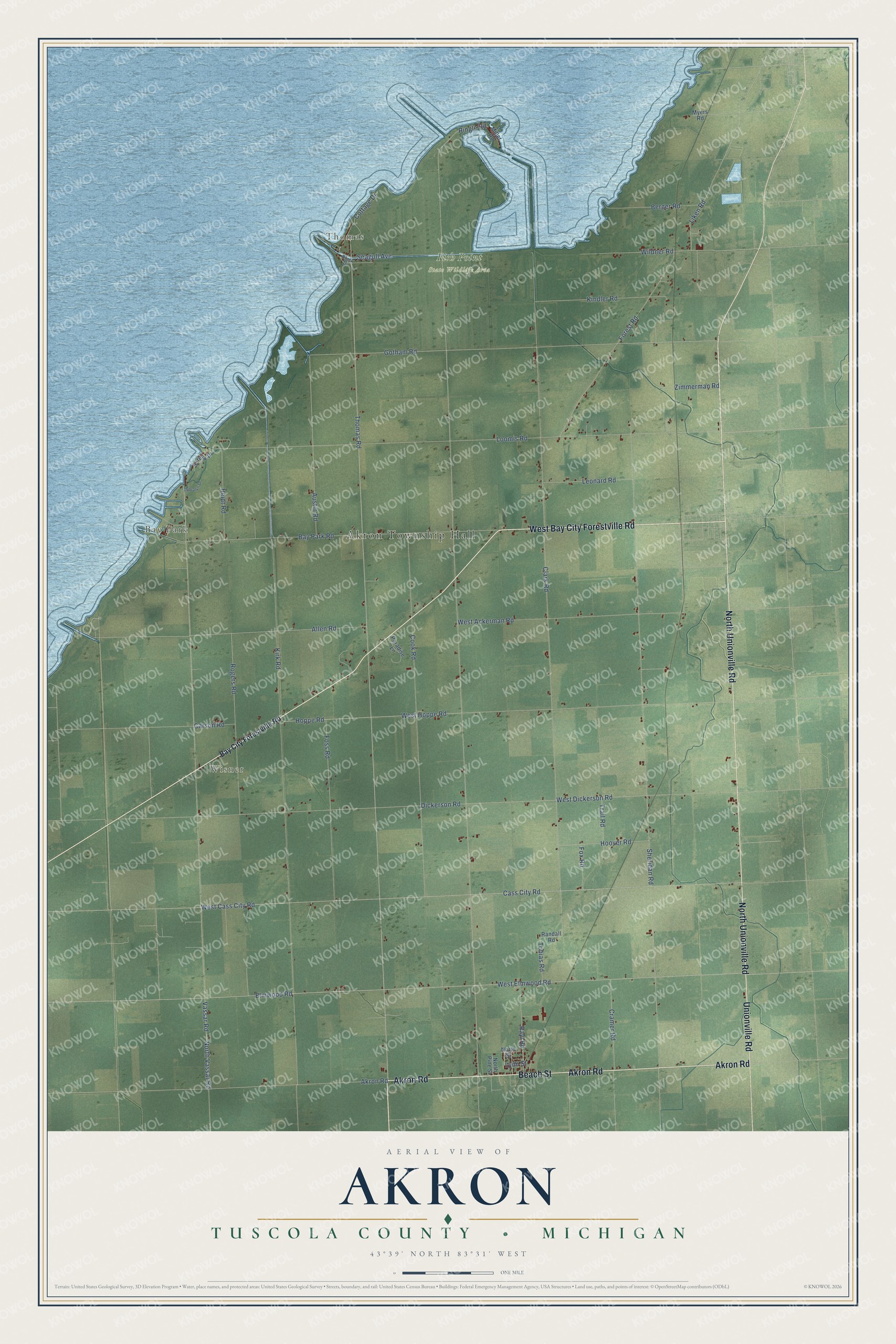 Full map of Akron, Michigan, with red buildings, printed street names and the land around them