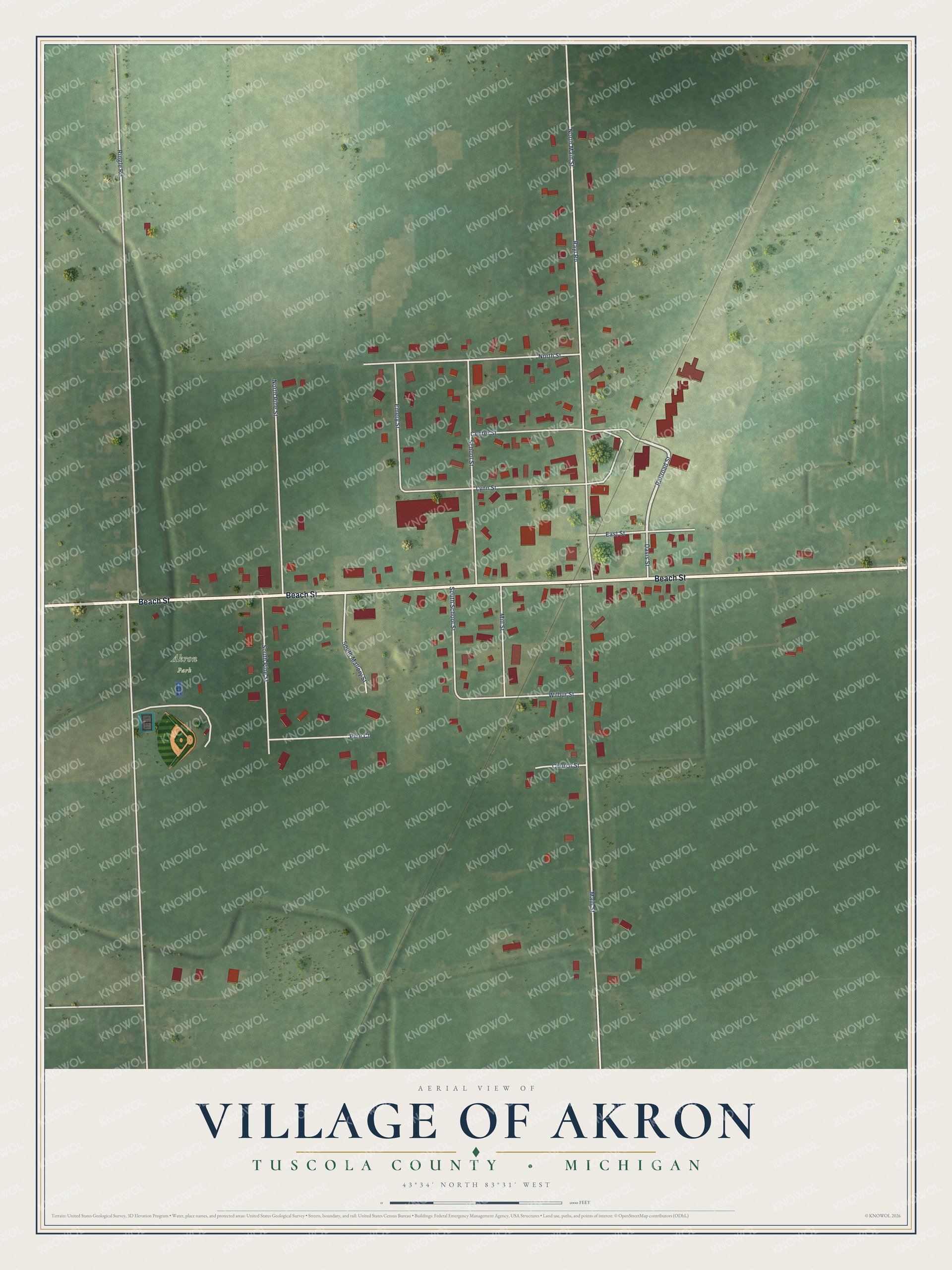 Full map of Akron, Michigan, with red buildings, printed street names and the land around them