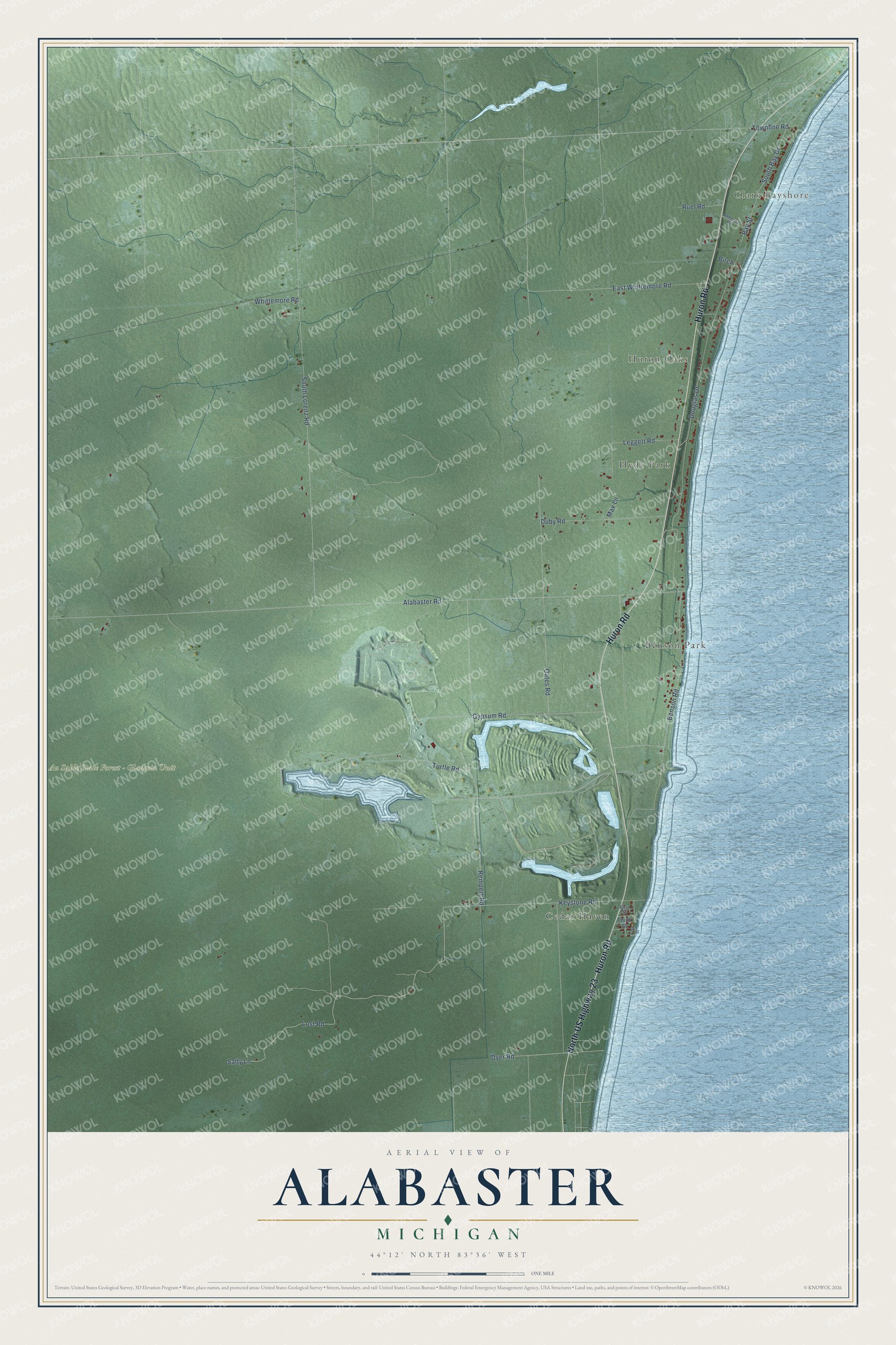 Full map of Alabaster, Michigan, with red buildings, printed street names and the land around them