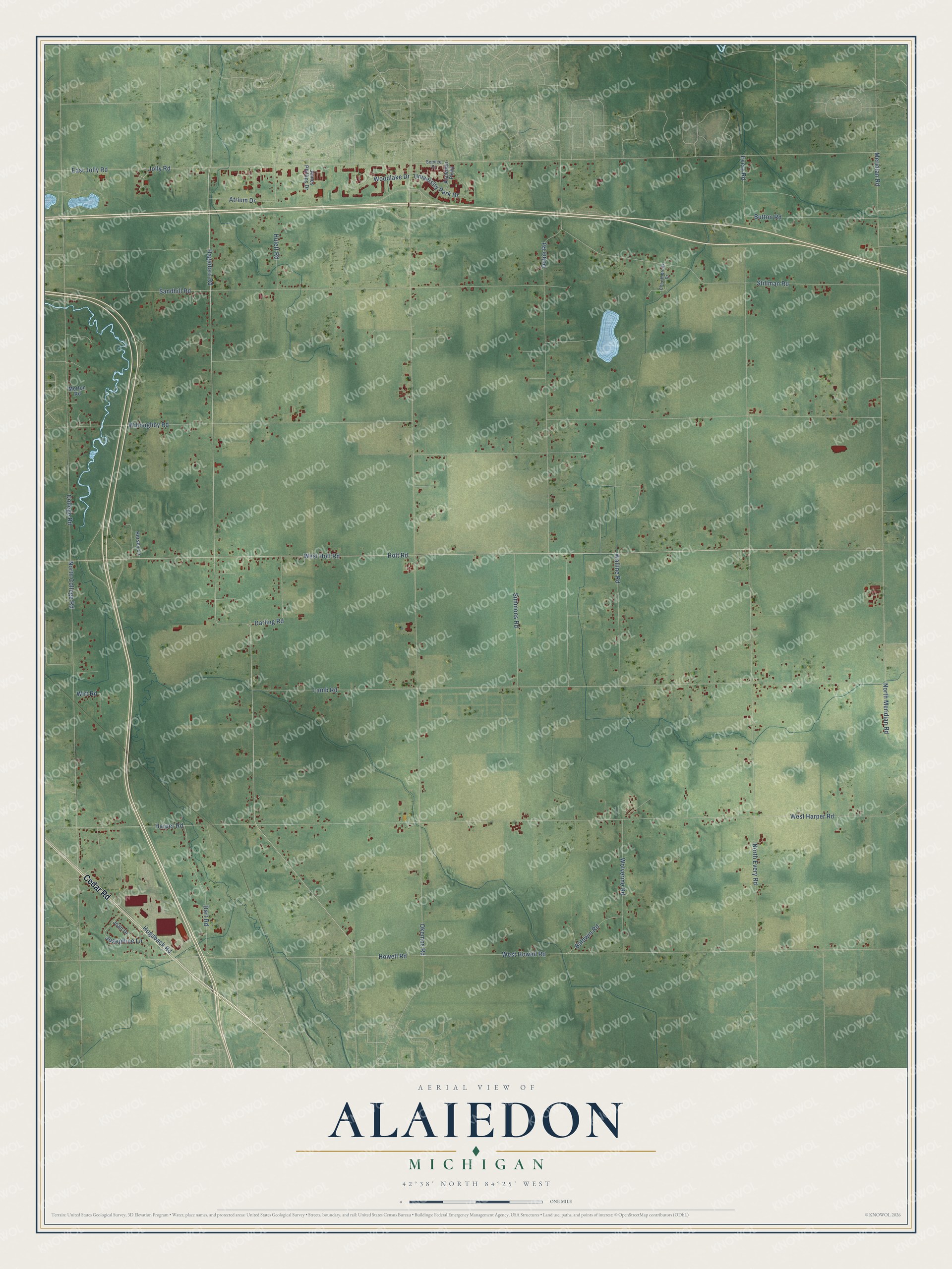 Full map of Alaiedon, Michigan, with red buildings, printed street names and the land around them