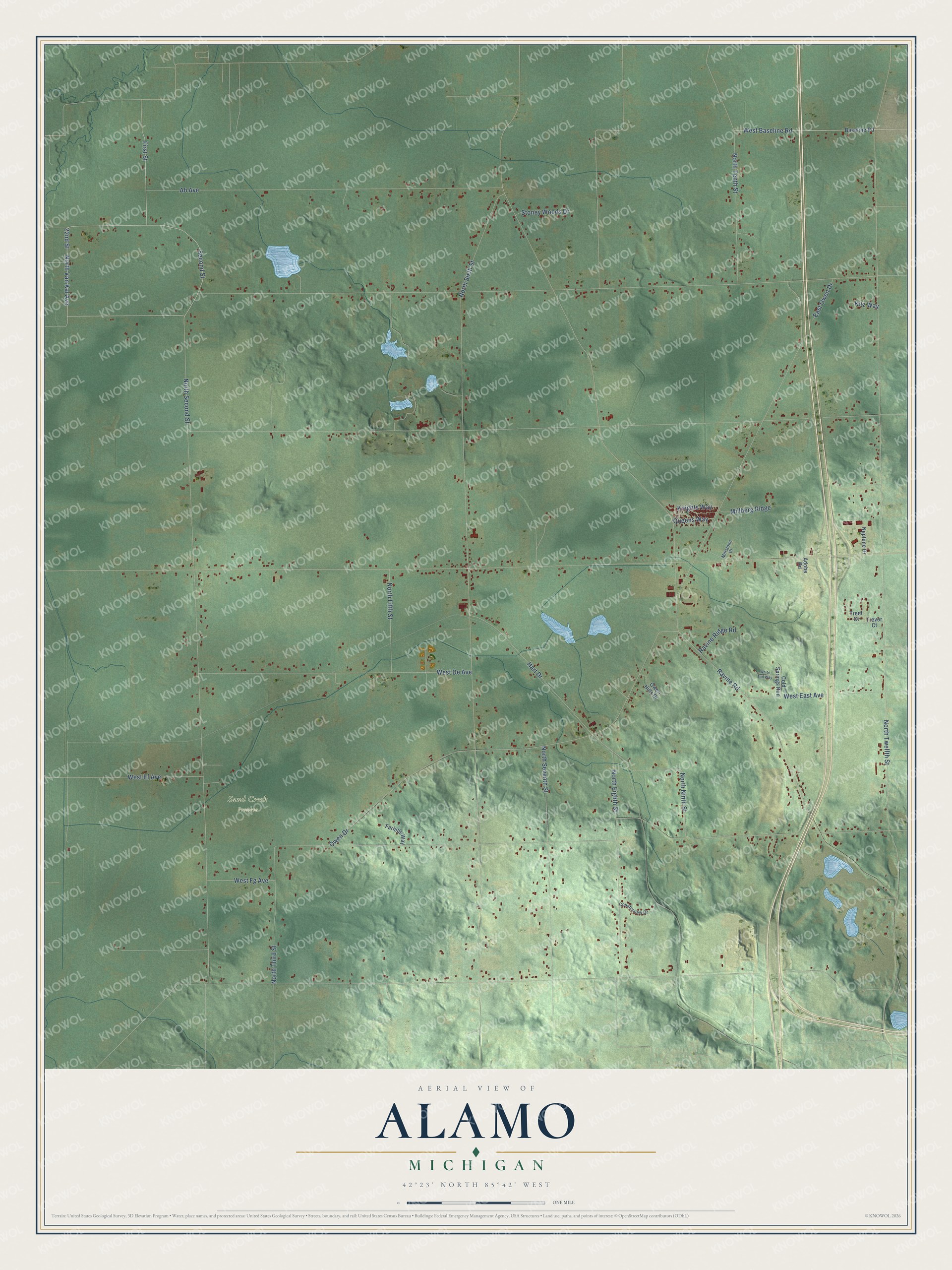 Full map of Alamo, Michigan, with red buildings, printed street names and the land around them