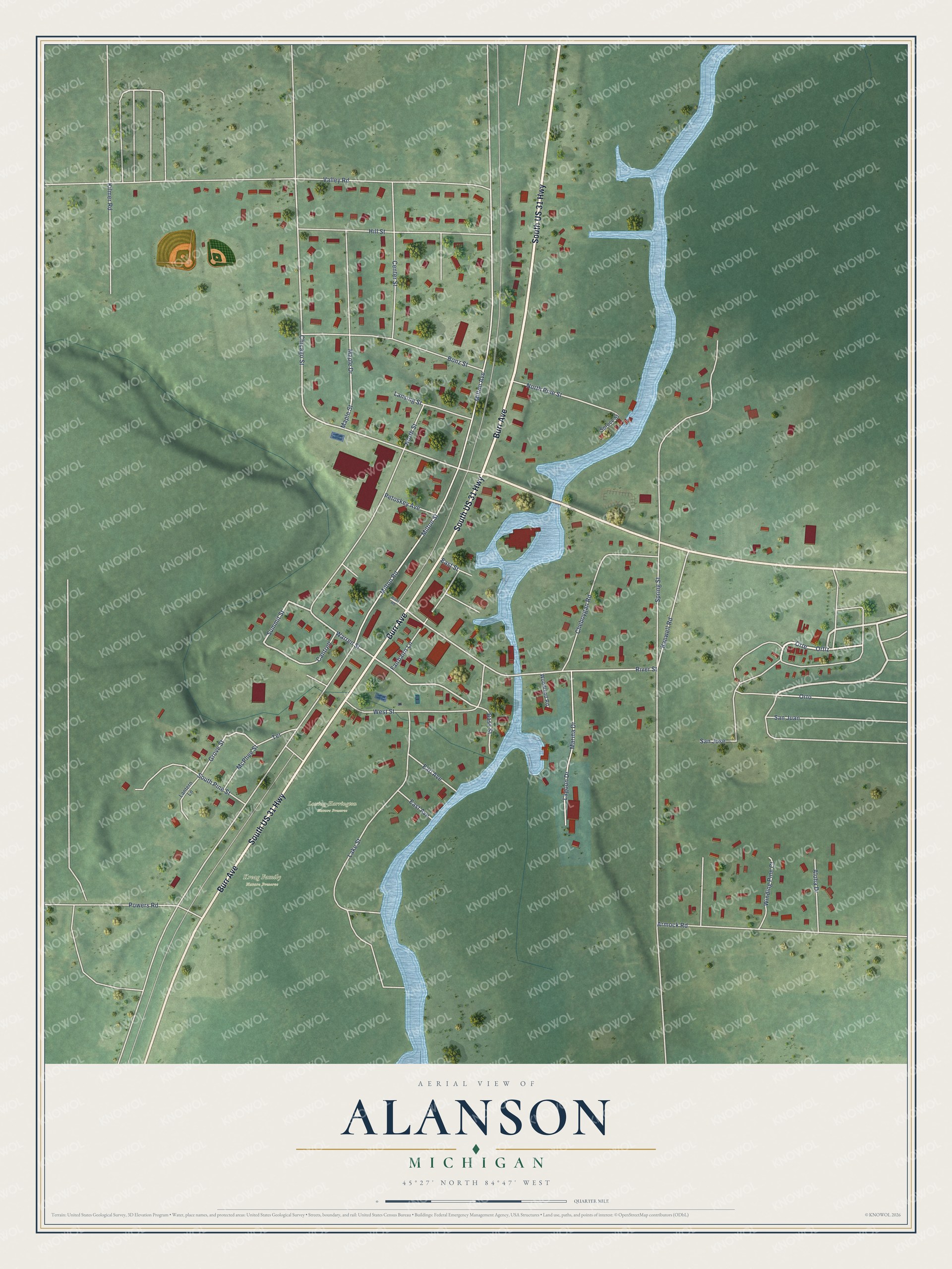 Full map of Alanson, Michigan, with red buildings, printed street names and the land around them