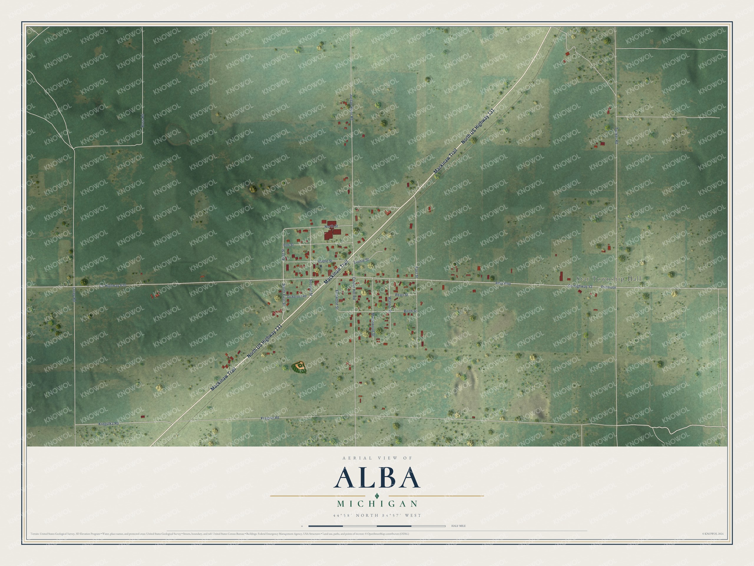 Full map of Alba, Michigan, with red buildings, printed street names and the land around them