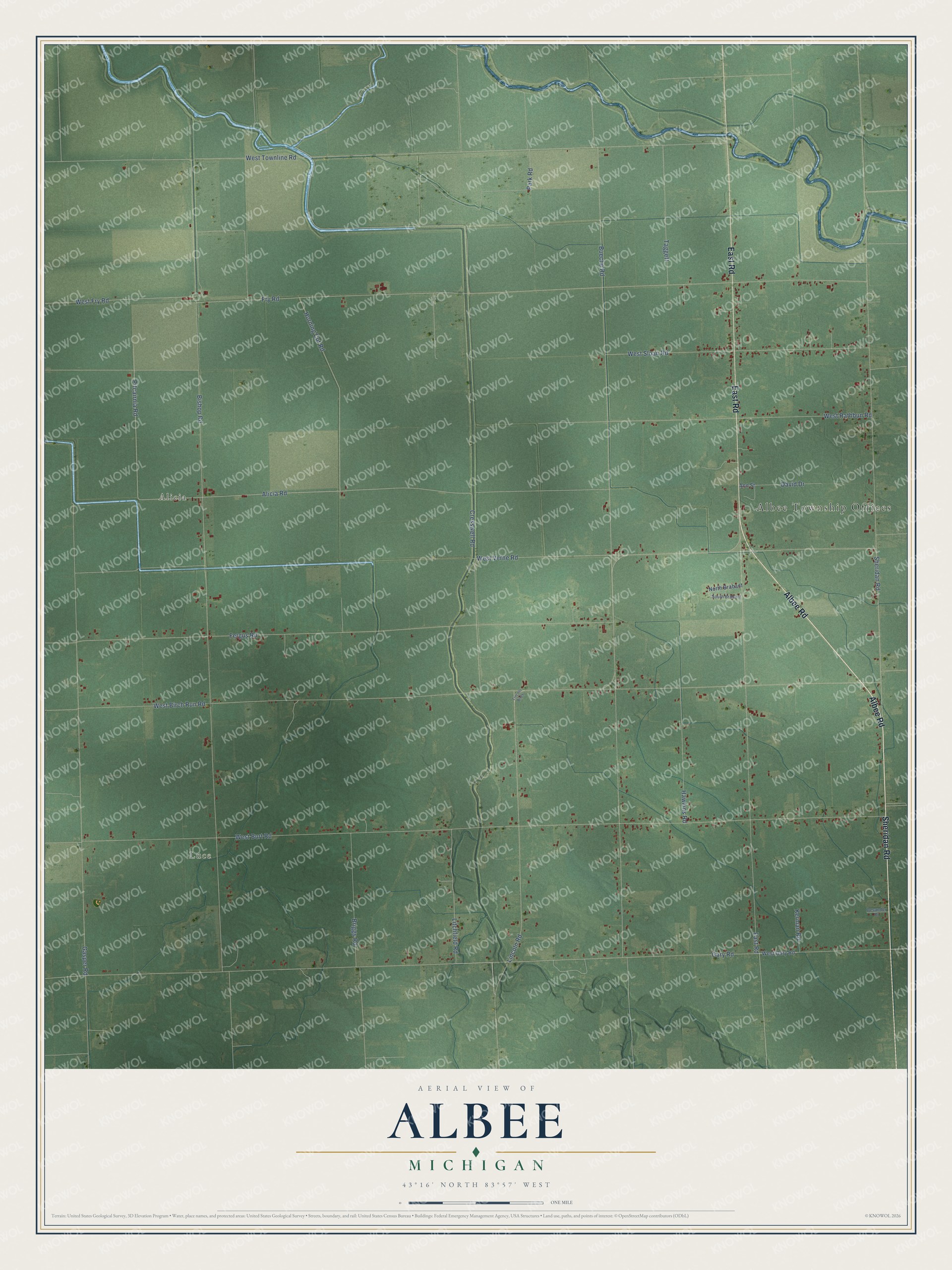 Full map of Albee, Michigan, with red buildings, printed street names and the land around them