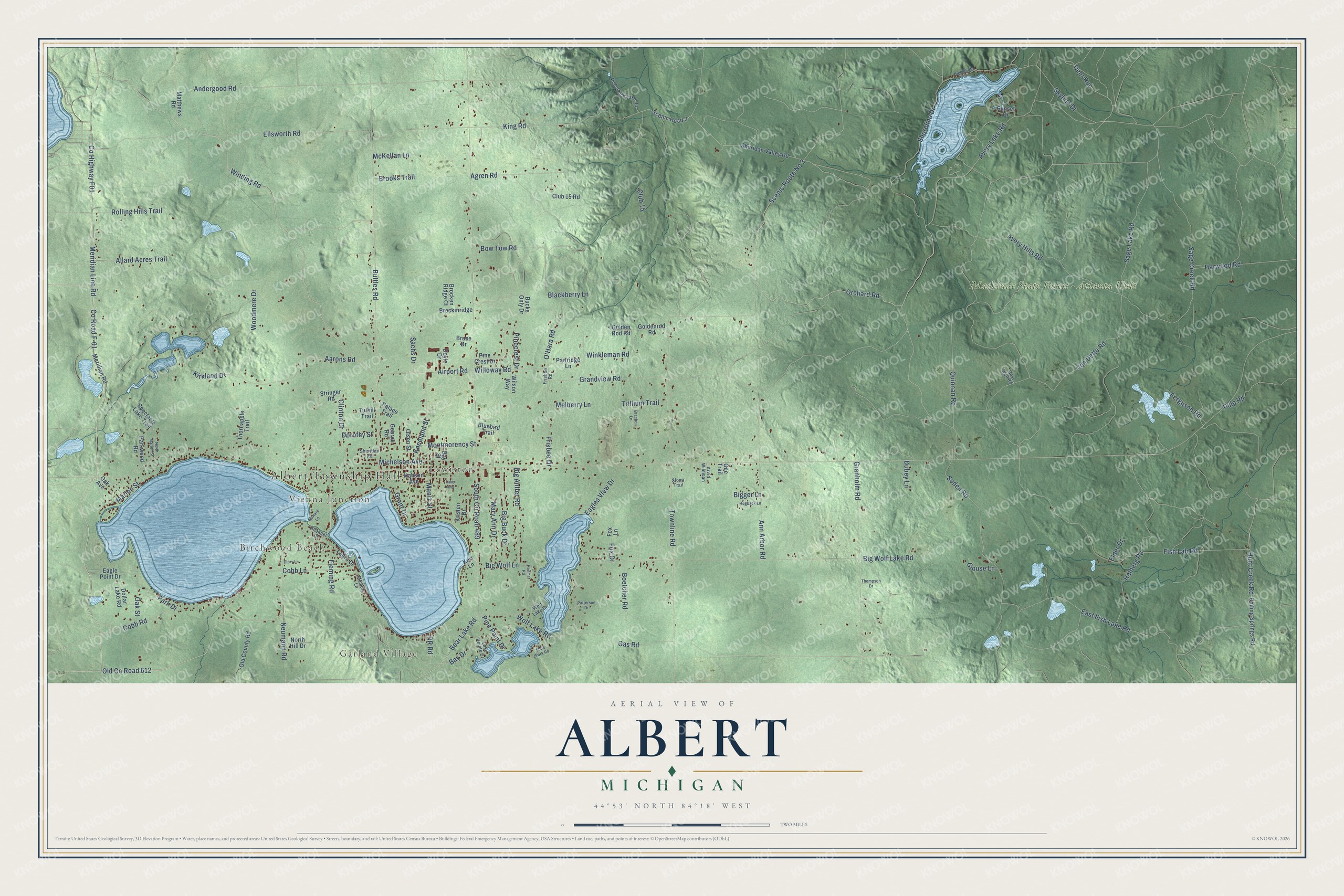 Full map of Albert, Michigan, with red buildings, printed street names and the land around them