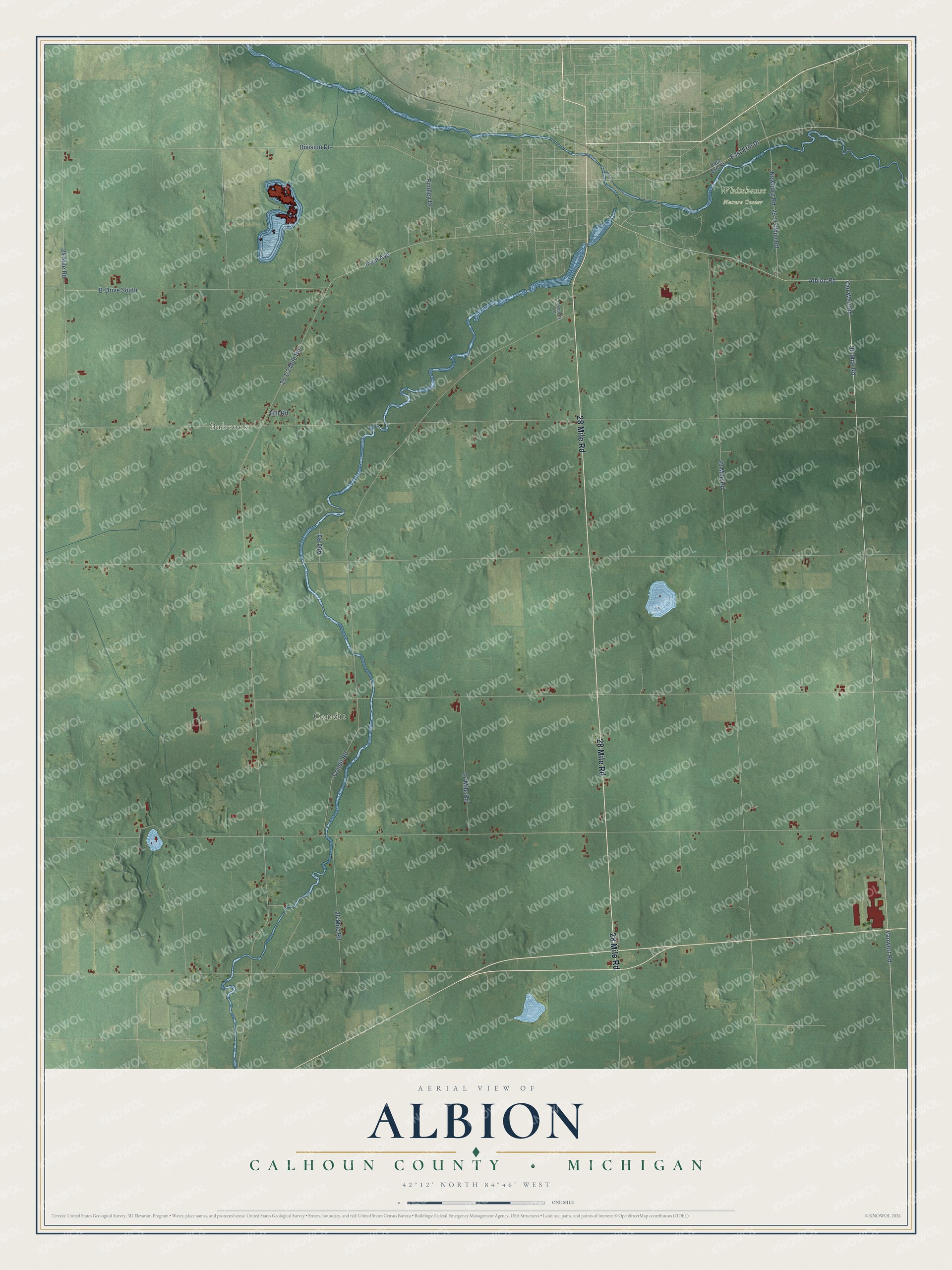 Full map of Albion, Michigan, with red buildings, printed street names and the land around them