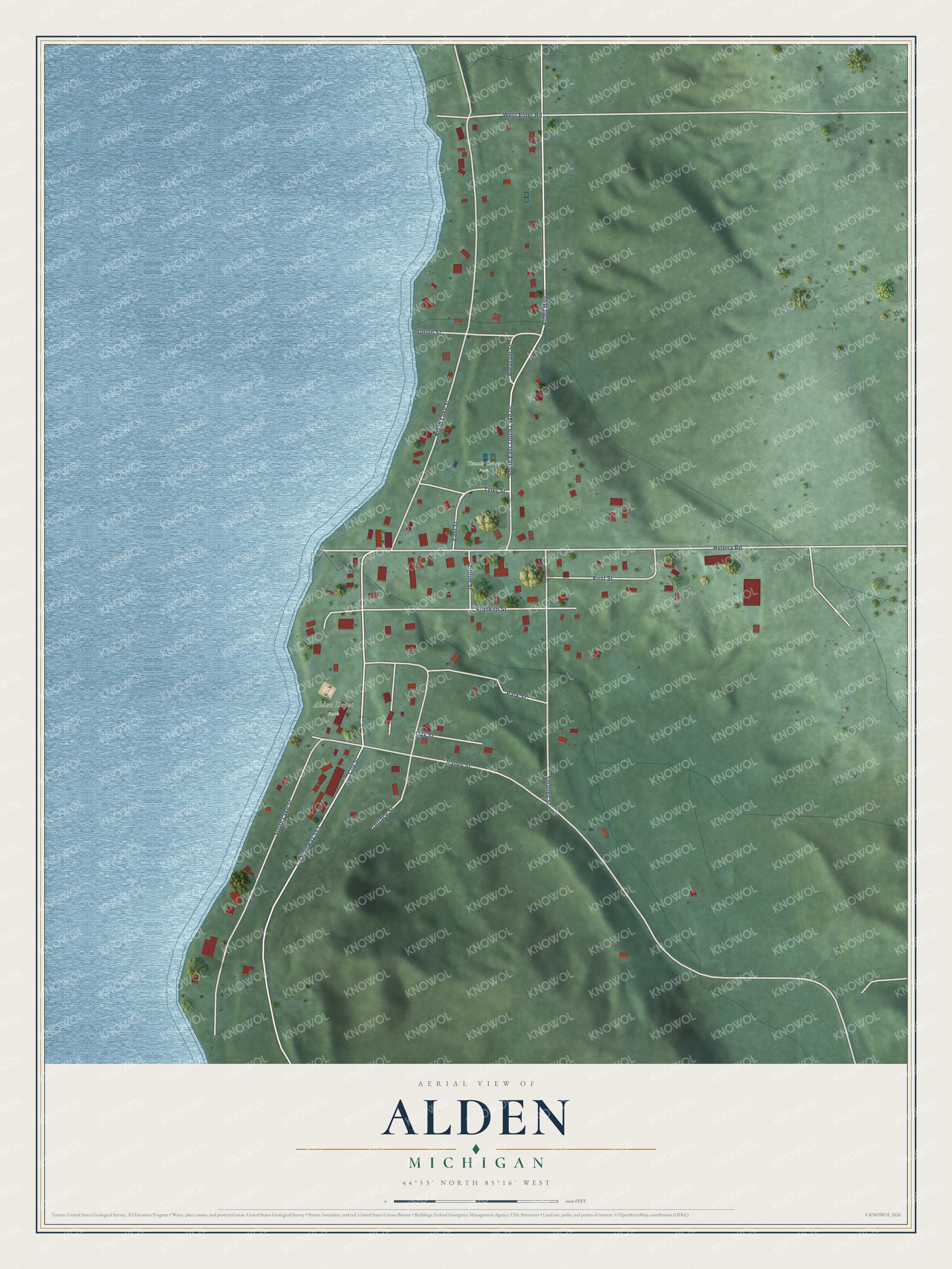 Full map of Alden, Michigan, with red buildings, printed street names and the land around them