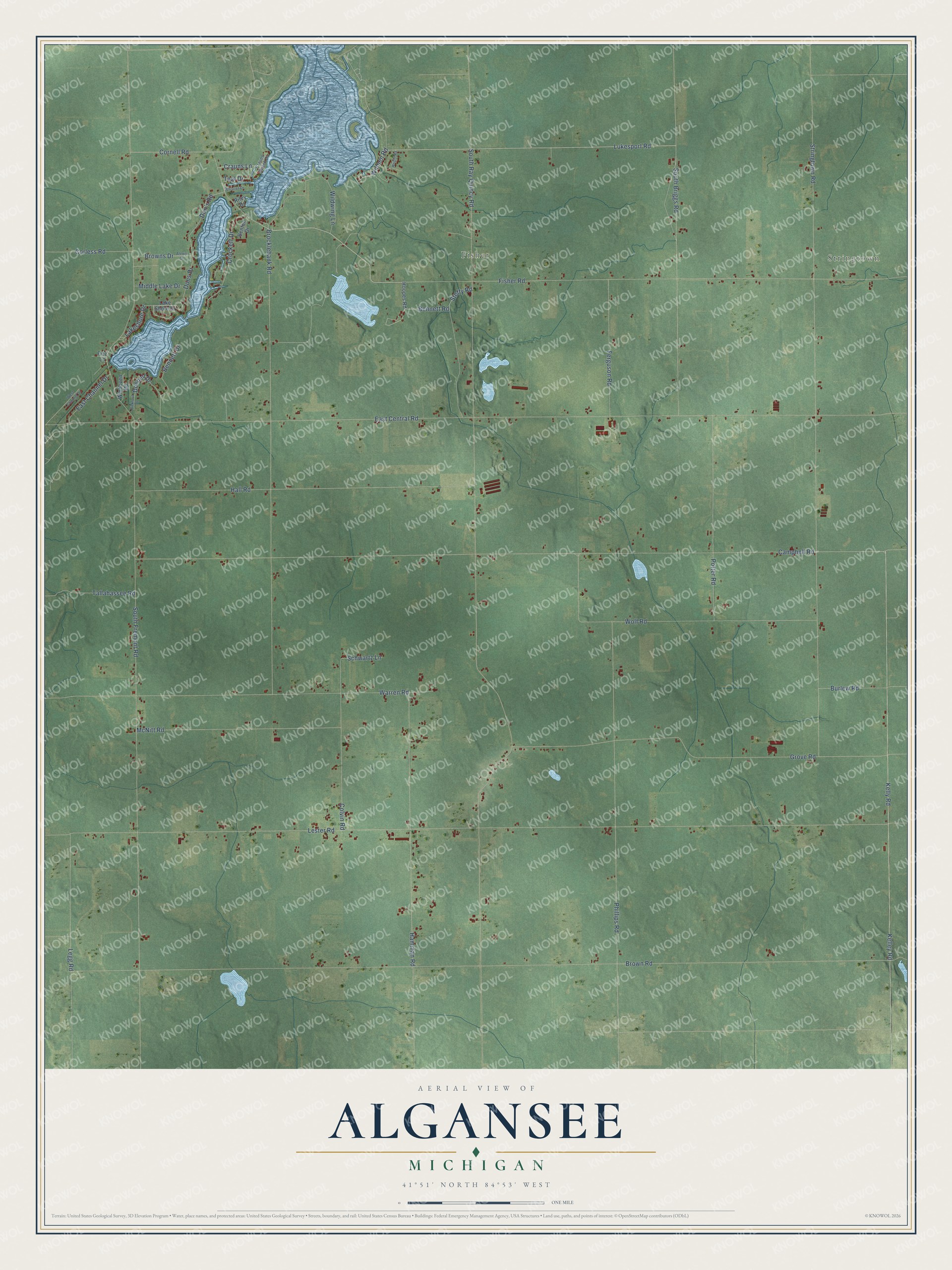 Full map of Algansee, Michigan, with red buildings, printed street names and the land around them
