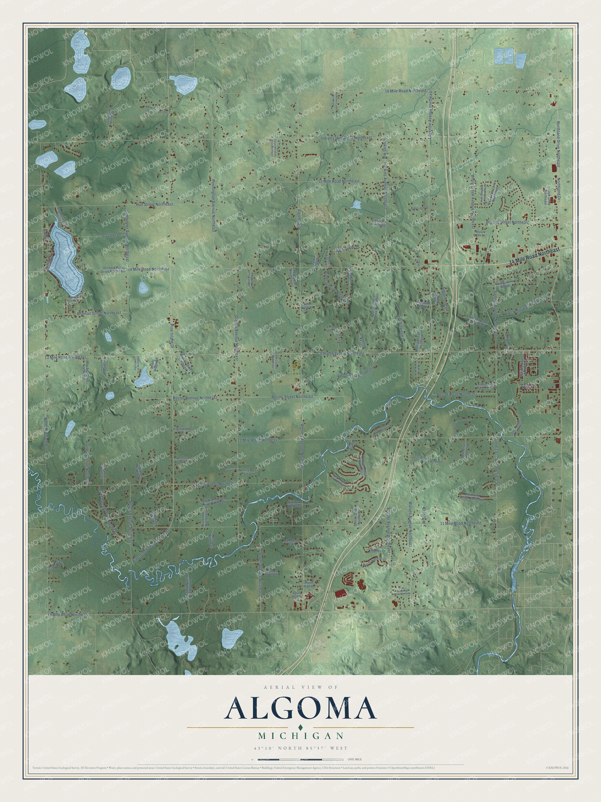 Full map of Algoma, Michigan, with red buildings, printed street names and the land around them