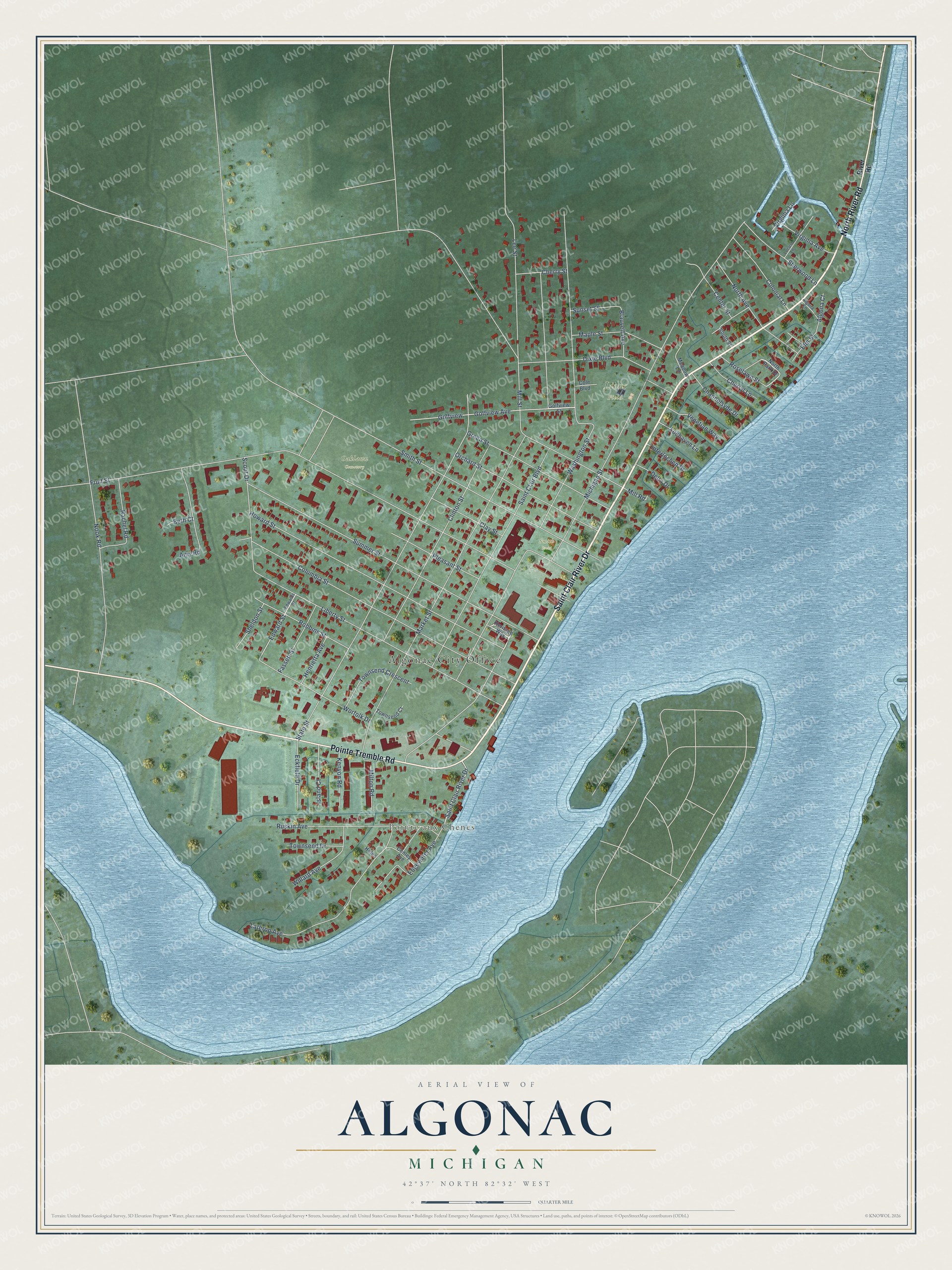 Full map of Algonac, Michigan, with red buildings, printed street names and the land around them