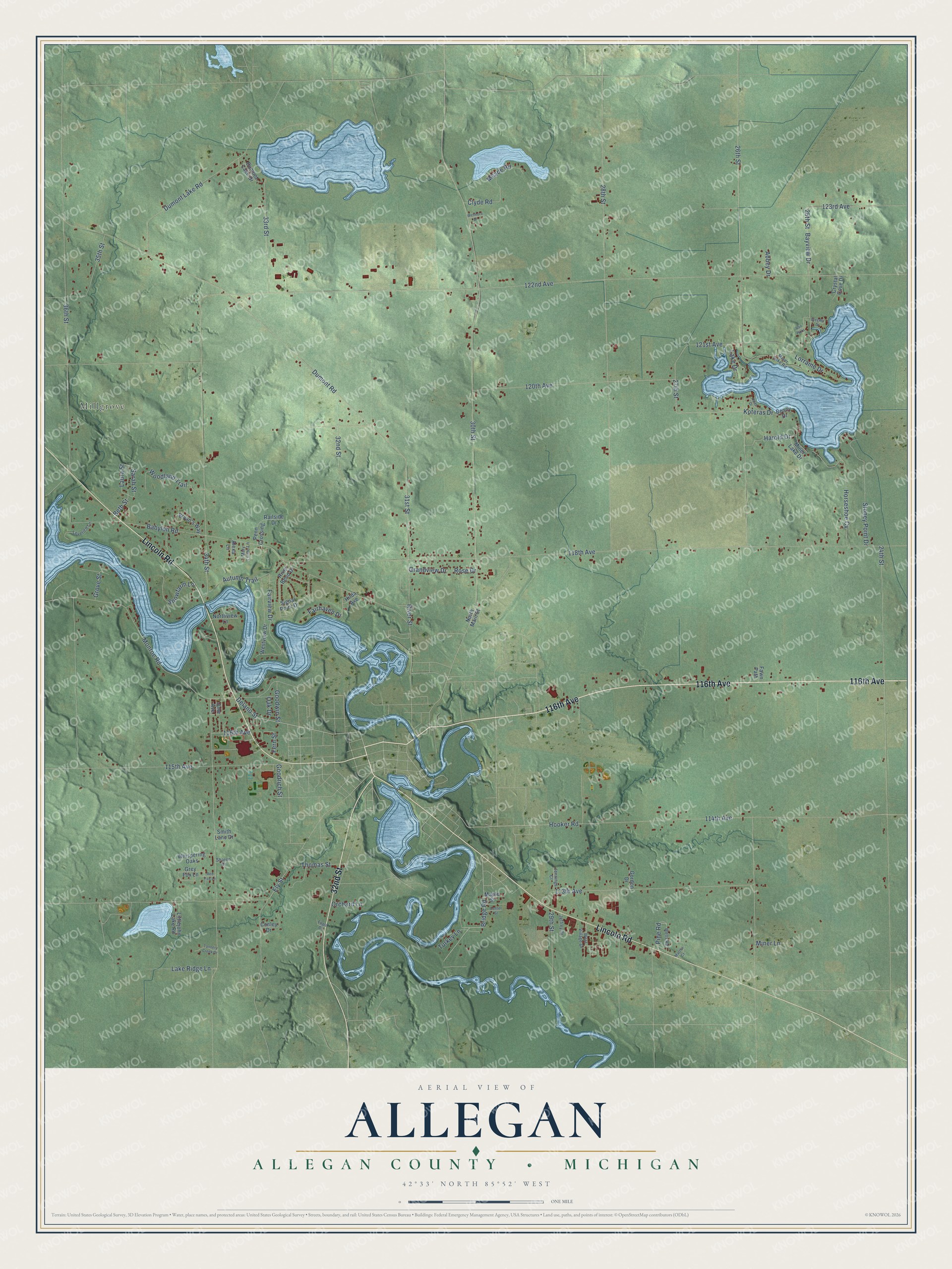 Full map of Allegan, Michigan, with red buildings, printed street names and the land around them