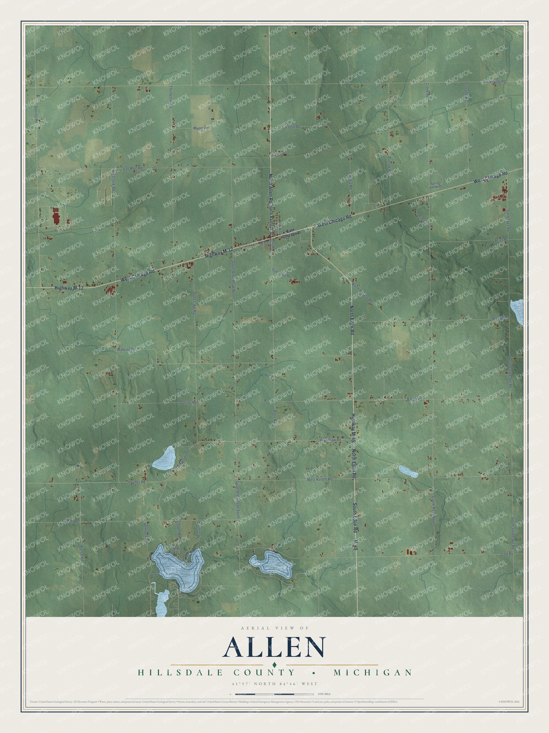 Full map of Allen, Michigan, with red buildings, printed street names and the land around them