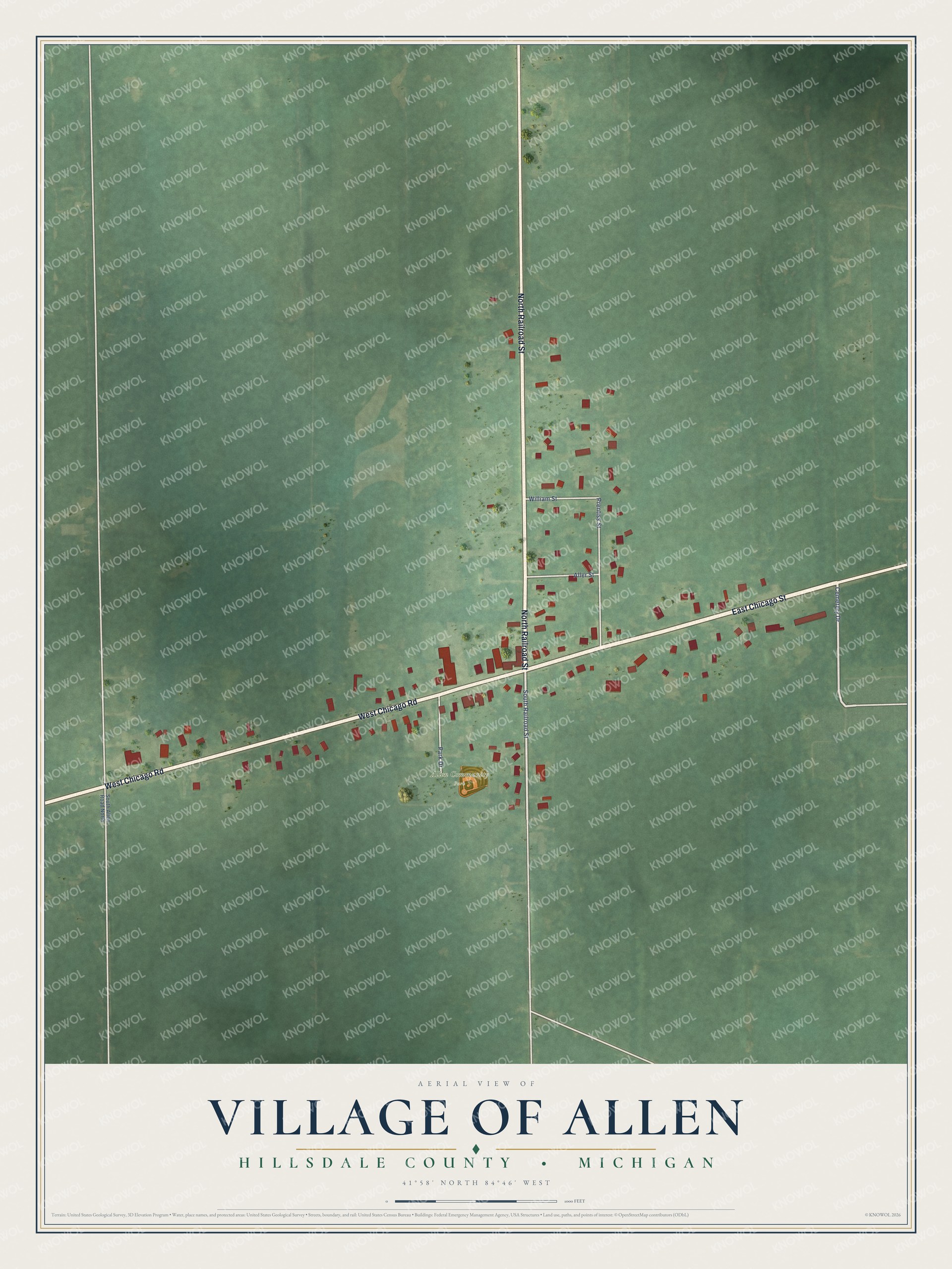 Full map of Allen, Michigan, with red buildings, printed street names and the land around them