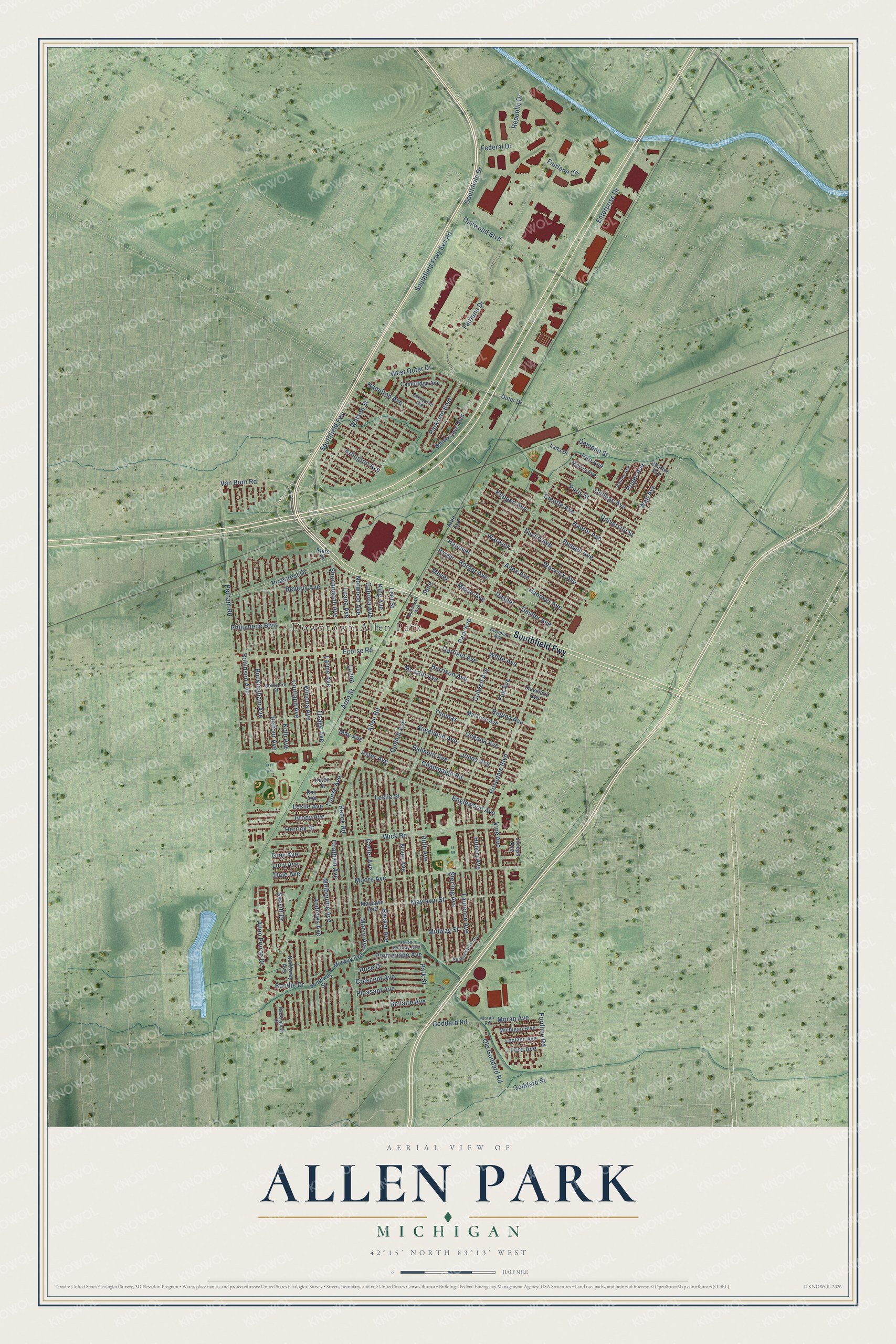 Full map of Allen Park, Michigan, with red buildings, printed street names and the land around them