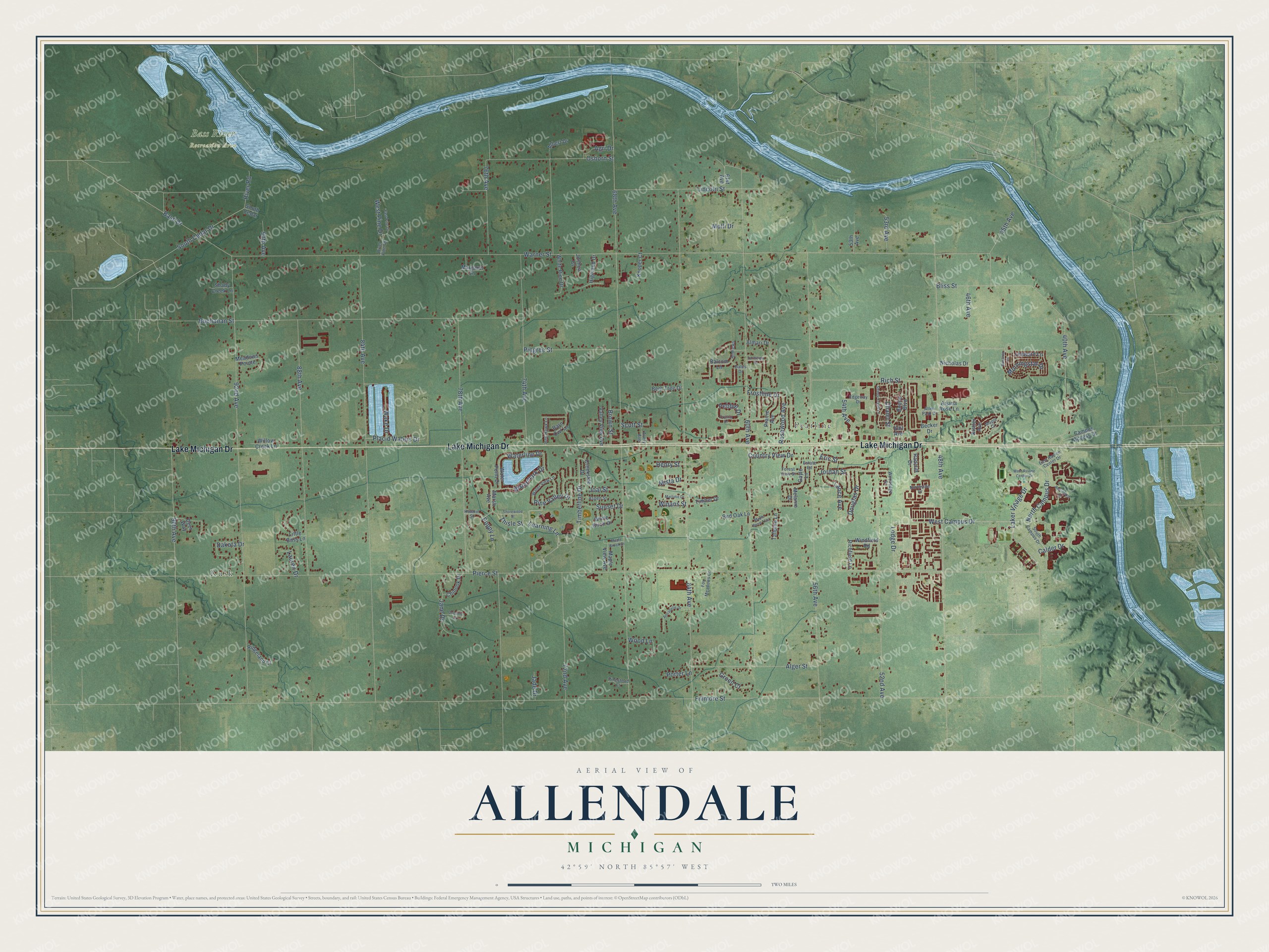 Full map of Allendale, Michigan, with red buildings, printed street names and the land around them