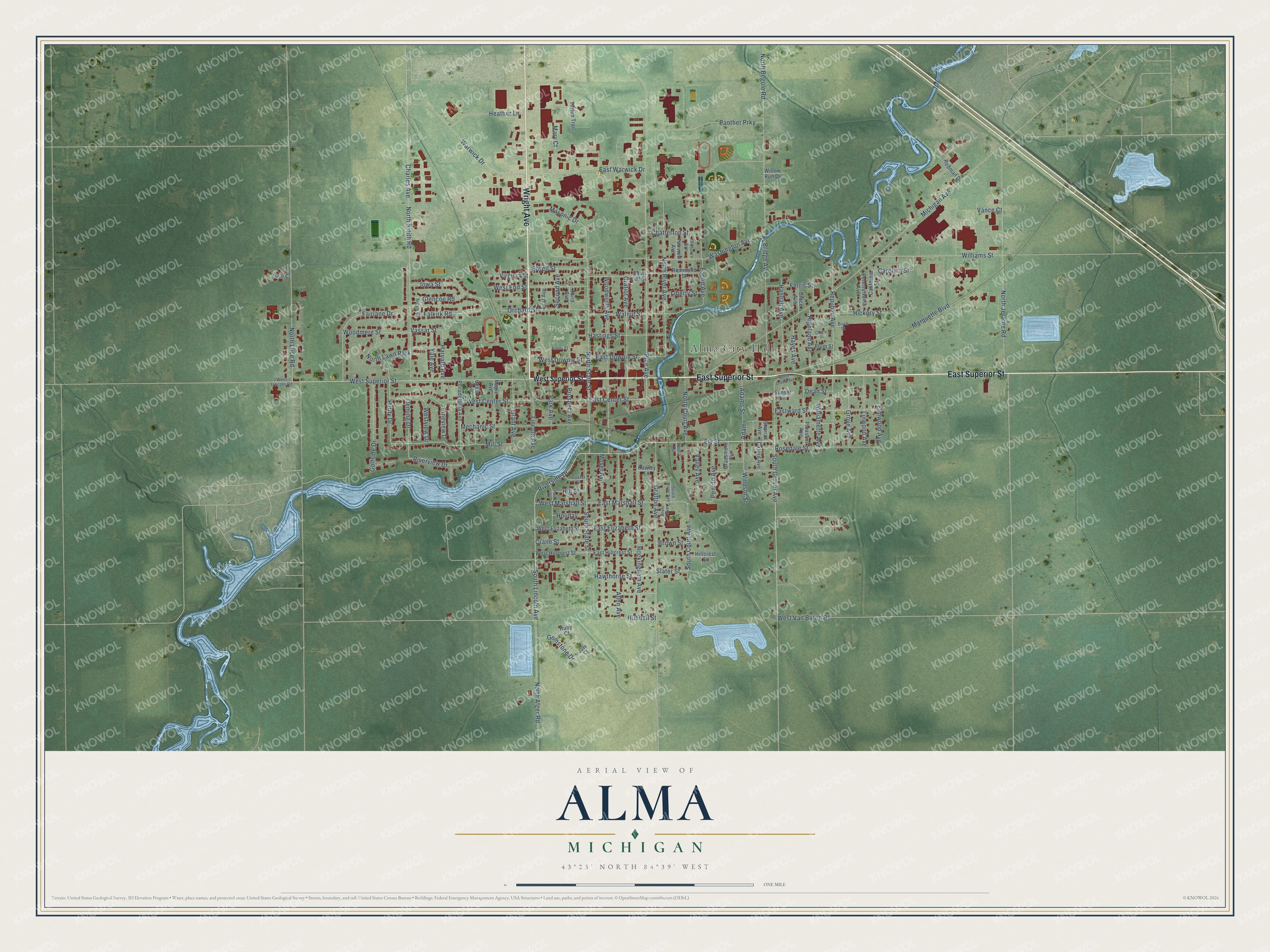 Full map of Alma, Michigan, with red buildings, printed street names and the land around them