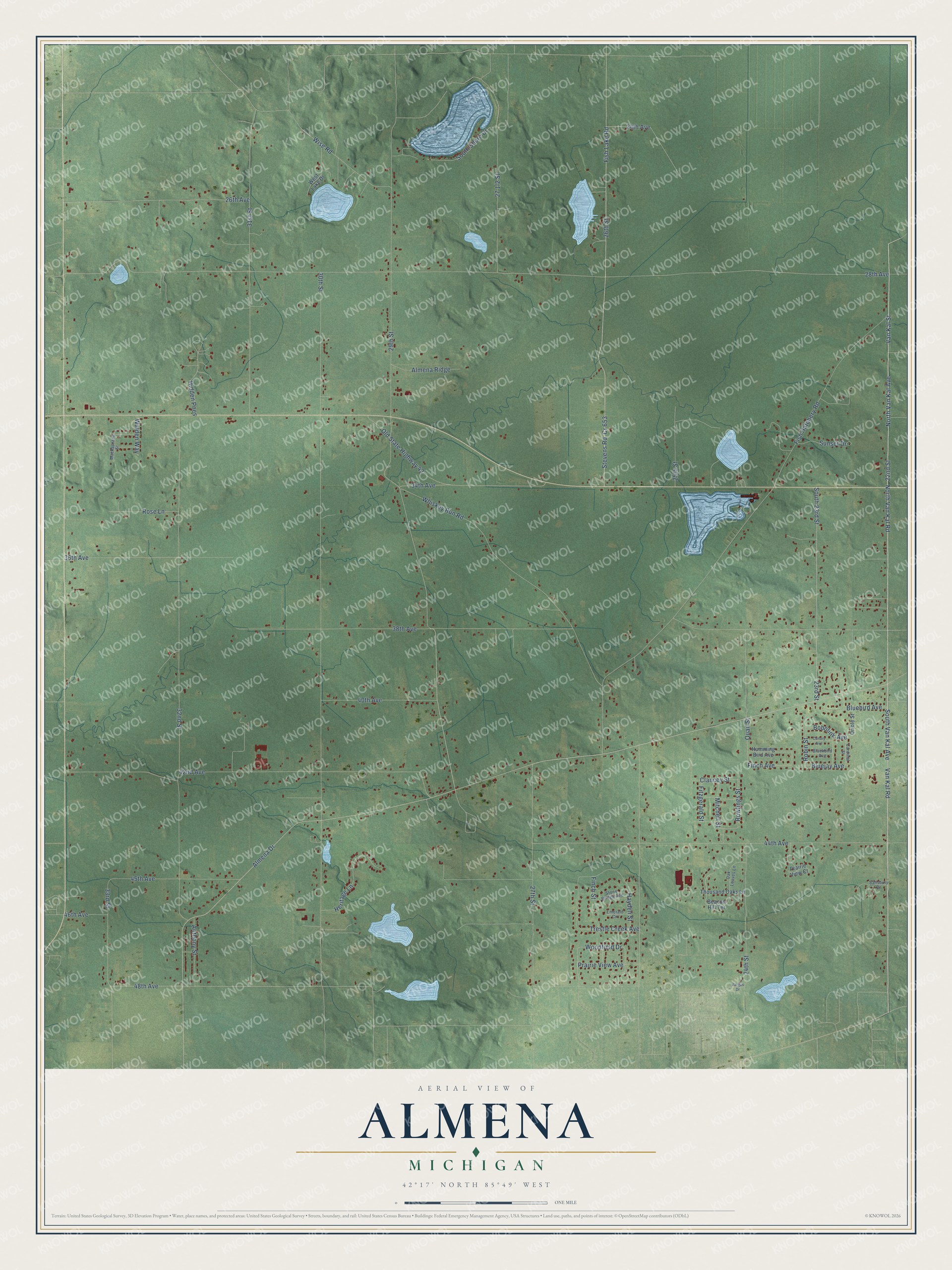 Full map of Almena, Michigan, with red buildings, printed street names and the land around them
