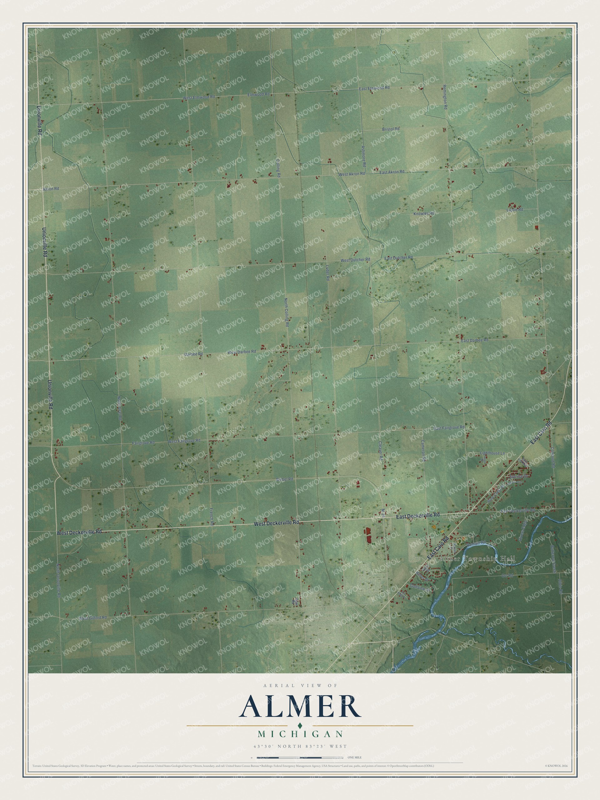 Full map of Almer, Michigan, with red buildings, printed street names and the land around them