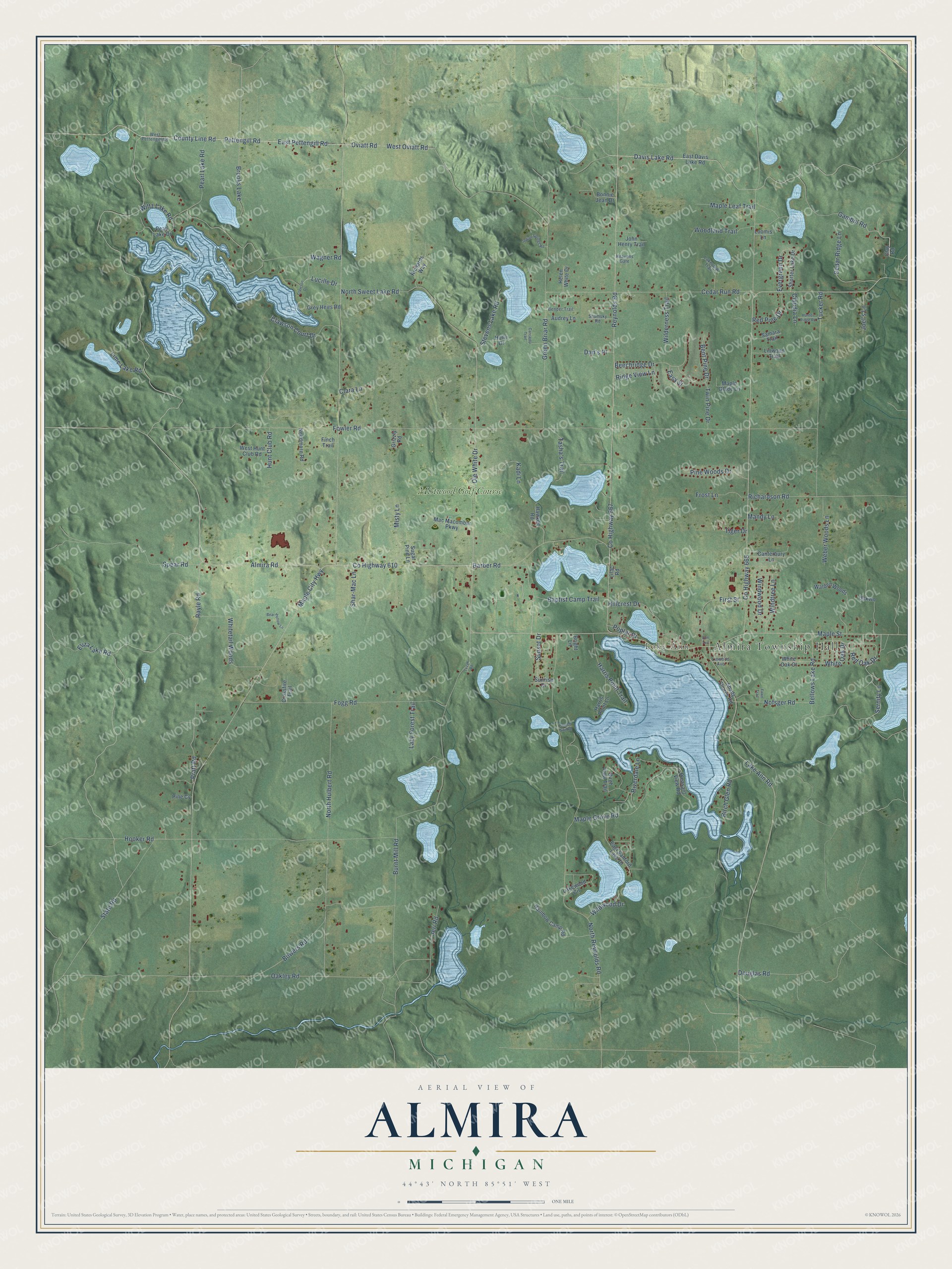 Full map of Almira, Michigan, with red buildings, printed street names and the land around them