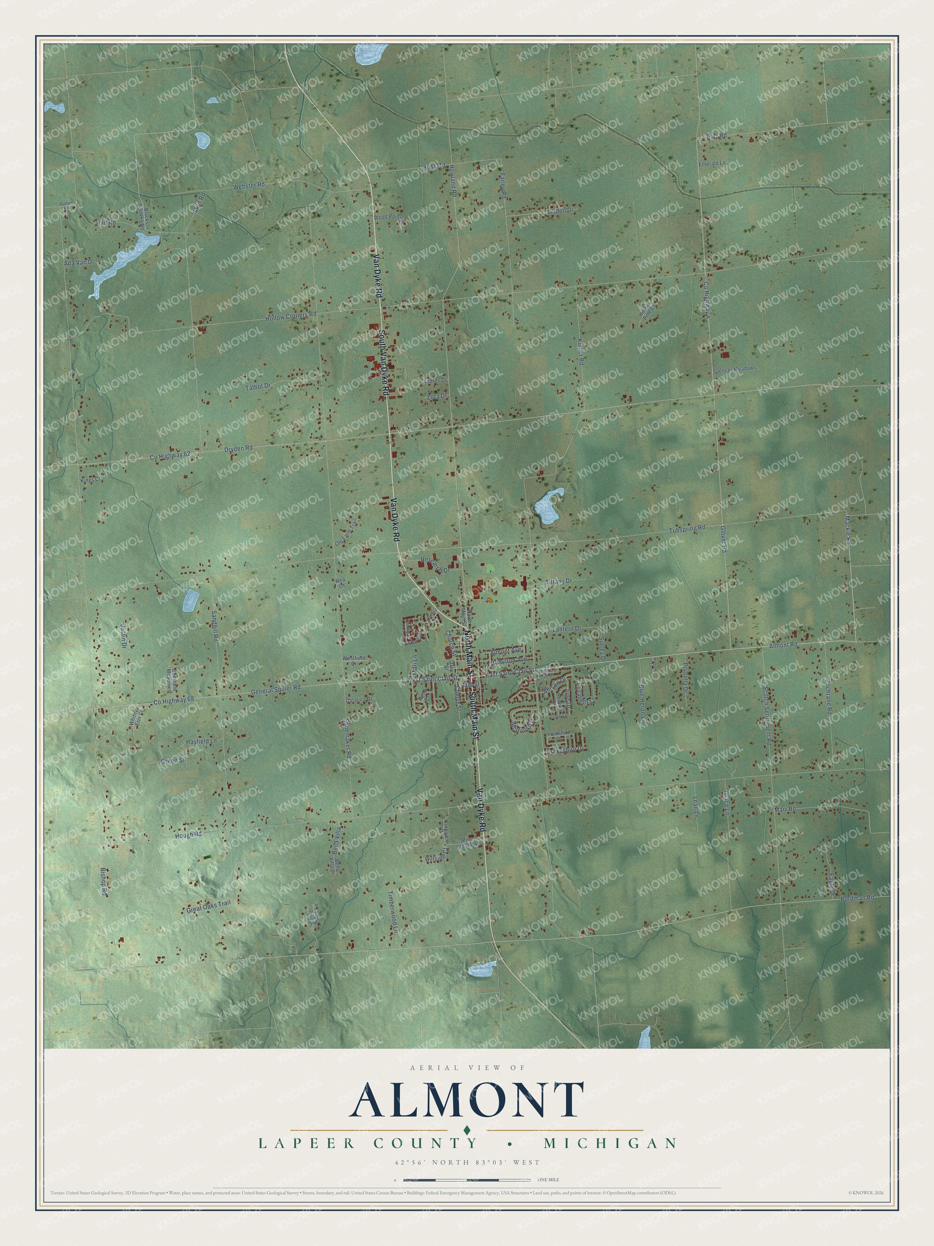 Full map of Almont, Michigan, with red buildings, printed street names and the land around them