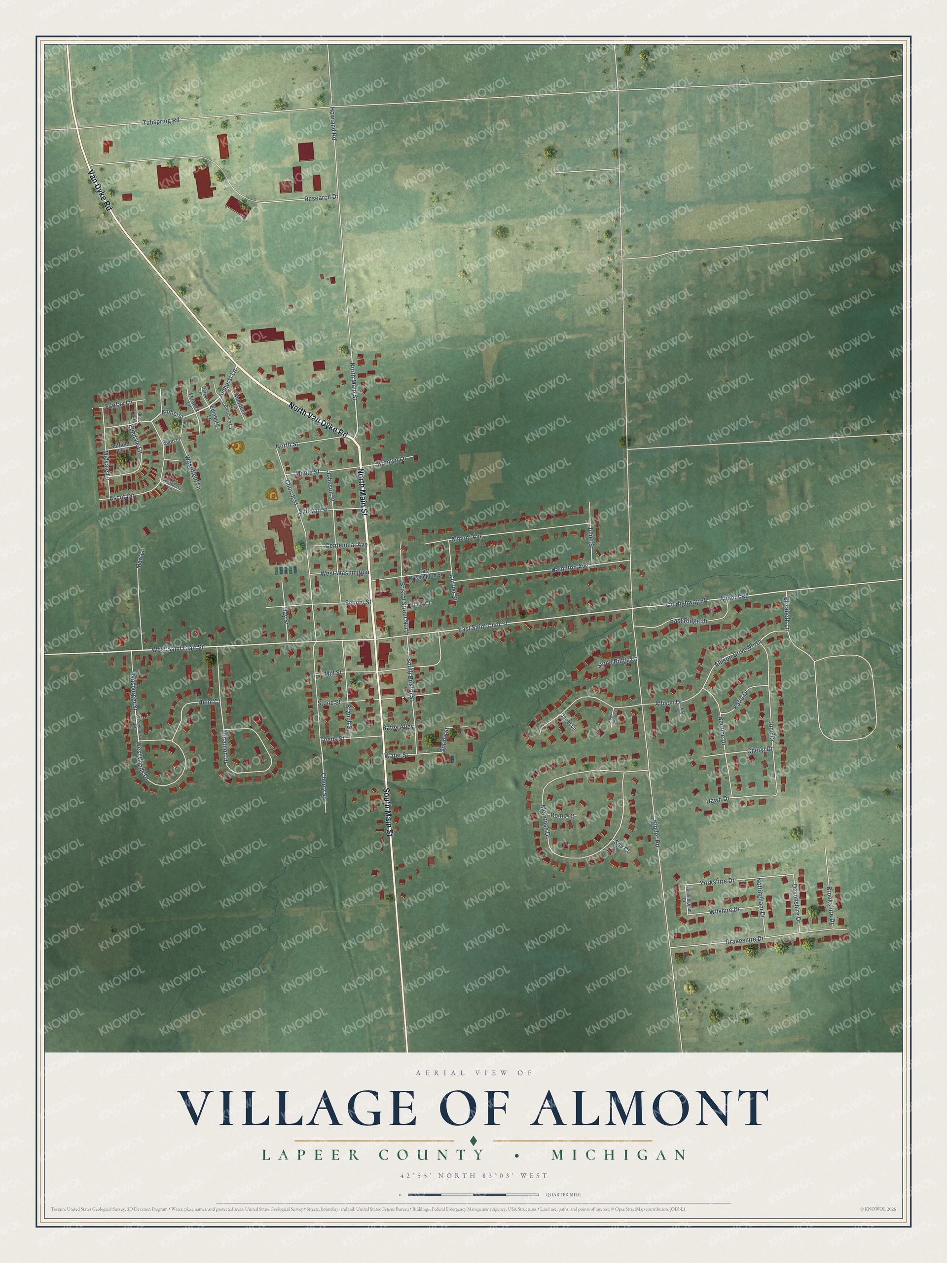 Full map of Almont, Michigan, with red buildings, printed street names and the land around them