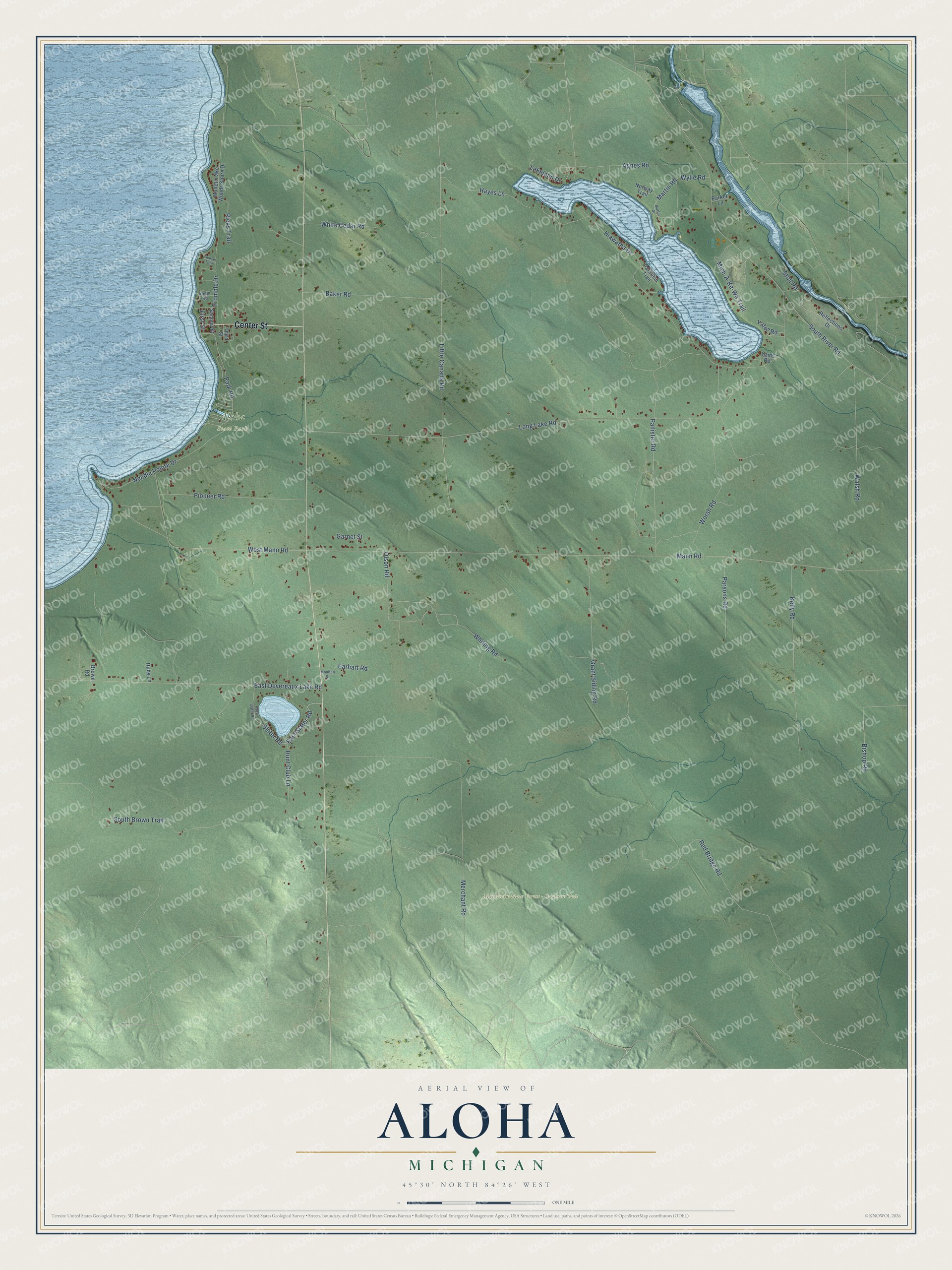 Full map of Aloha, Michigan, with red buildings, printed street names and the land around them