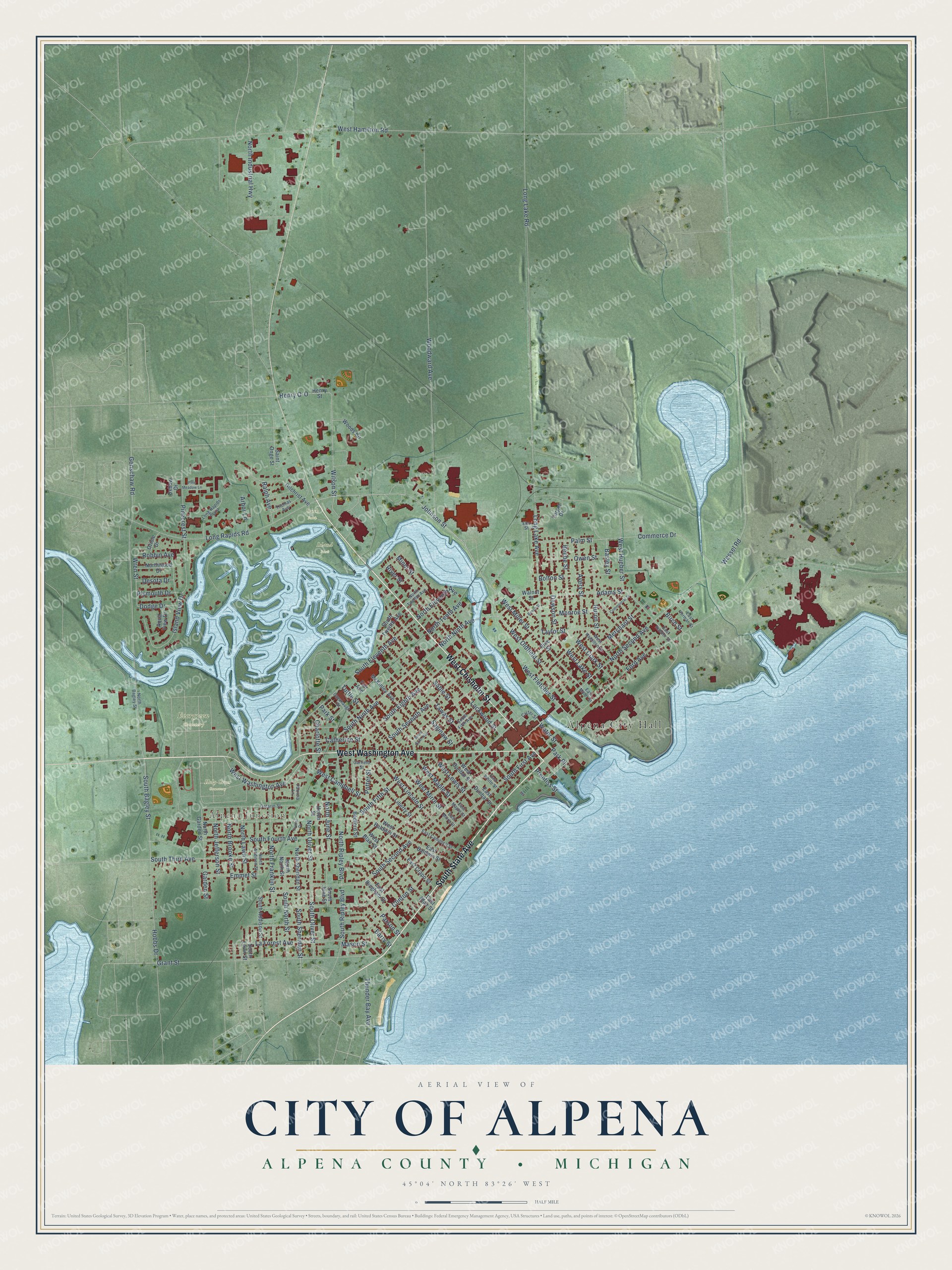 Full map of Alpena, Michigan, with red buildings, printed street names and the land around them