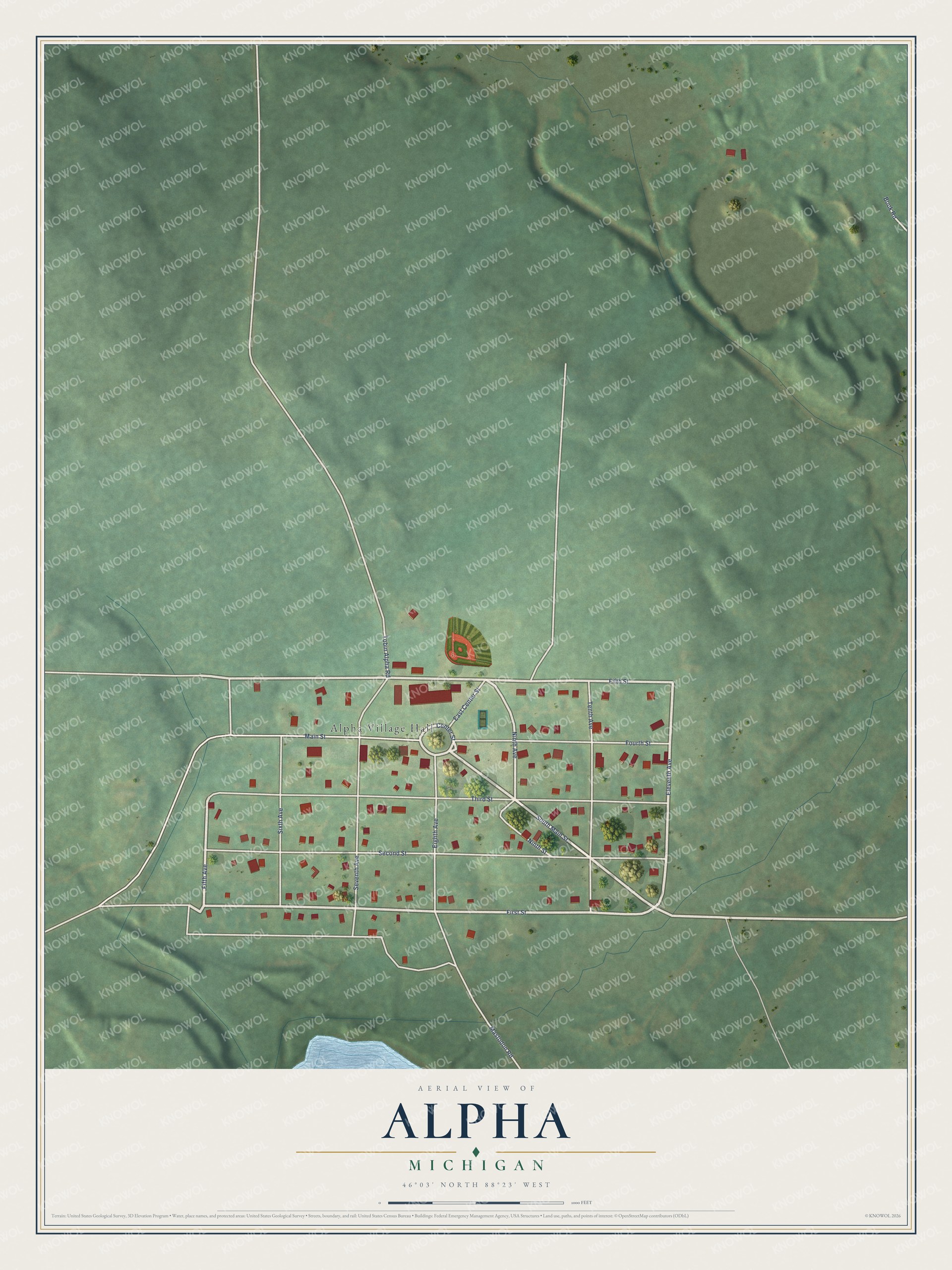 Full map of Alpha, Michigan, with red buildings, printed street names and the land around them