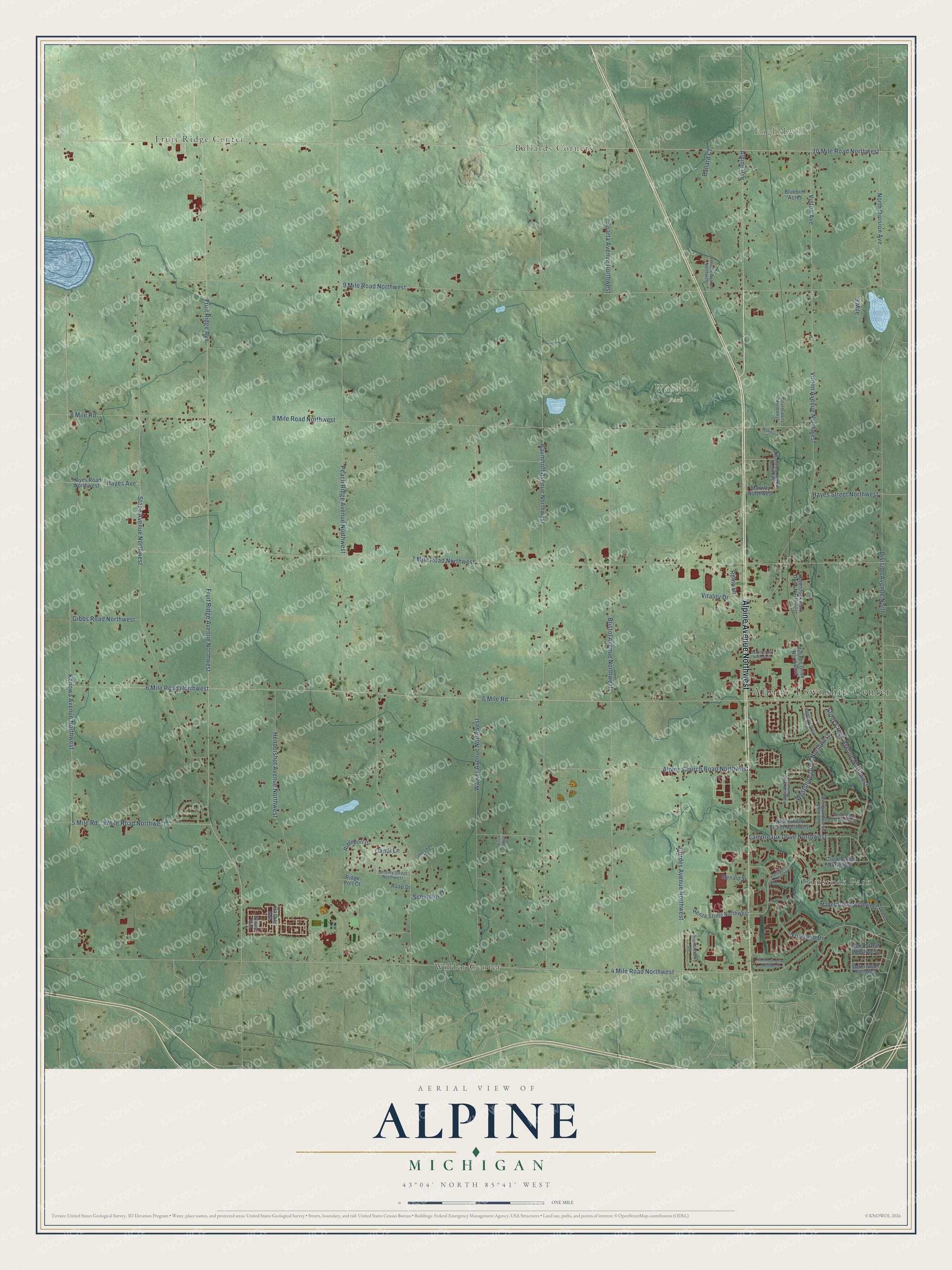 Full map of Alpine, Michigan, with red buildings, printed street names and the land around them
