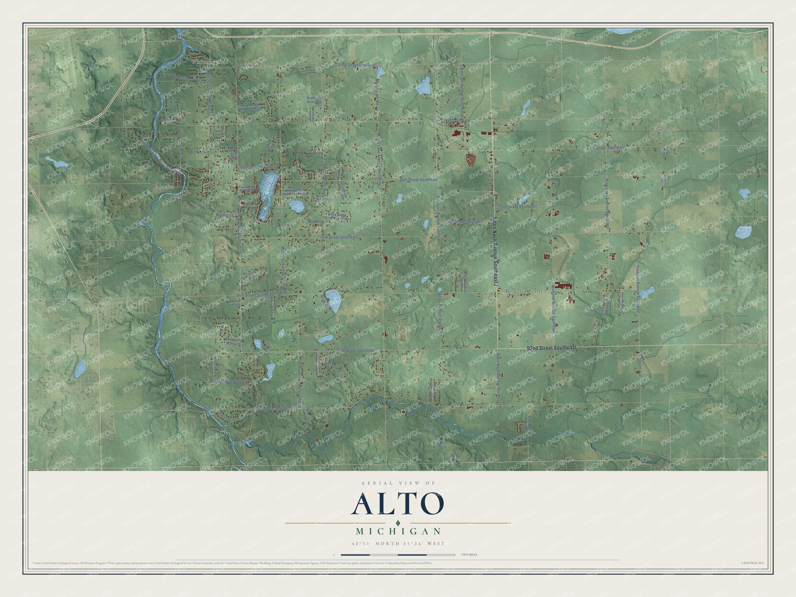Full map of Alto, Michigan, with red buildings, printed street names and the land around them