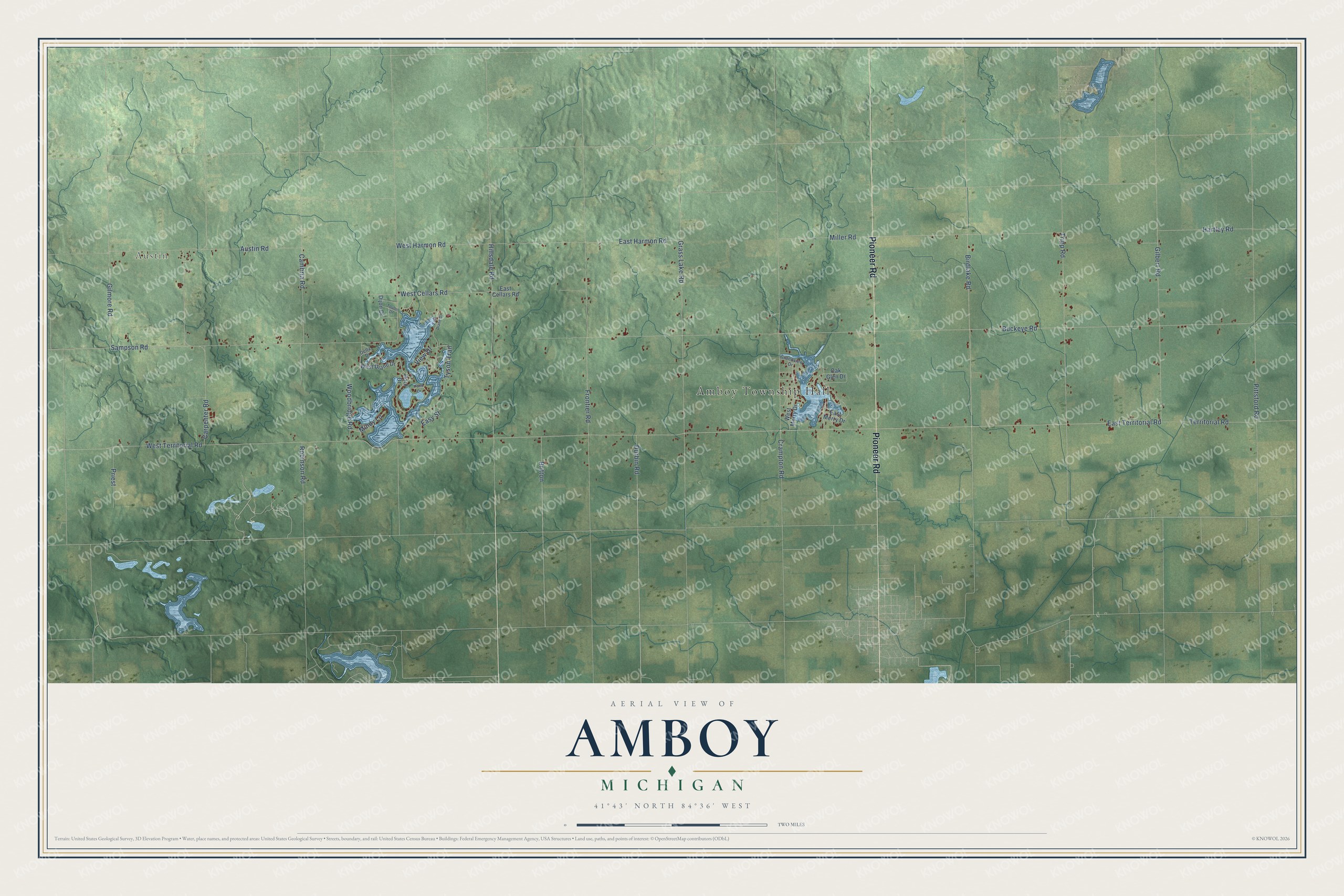 Full map of Amboy, Michigan, with red buildings, printed street names and the land around them