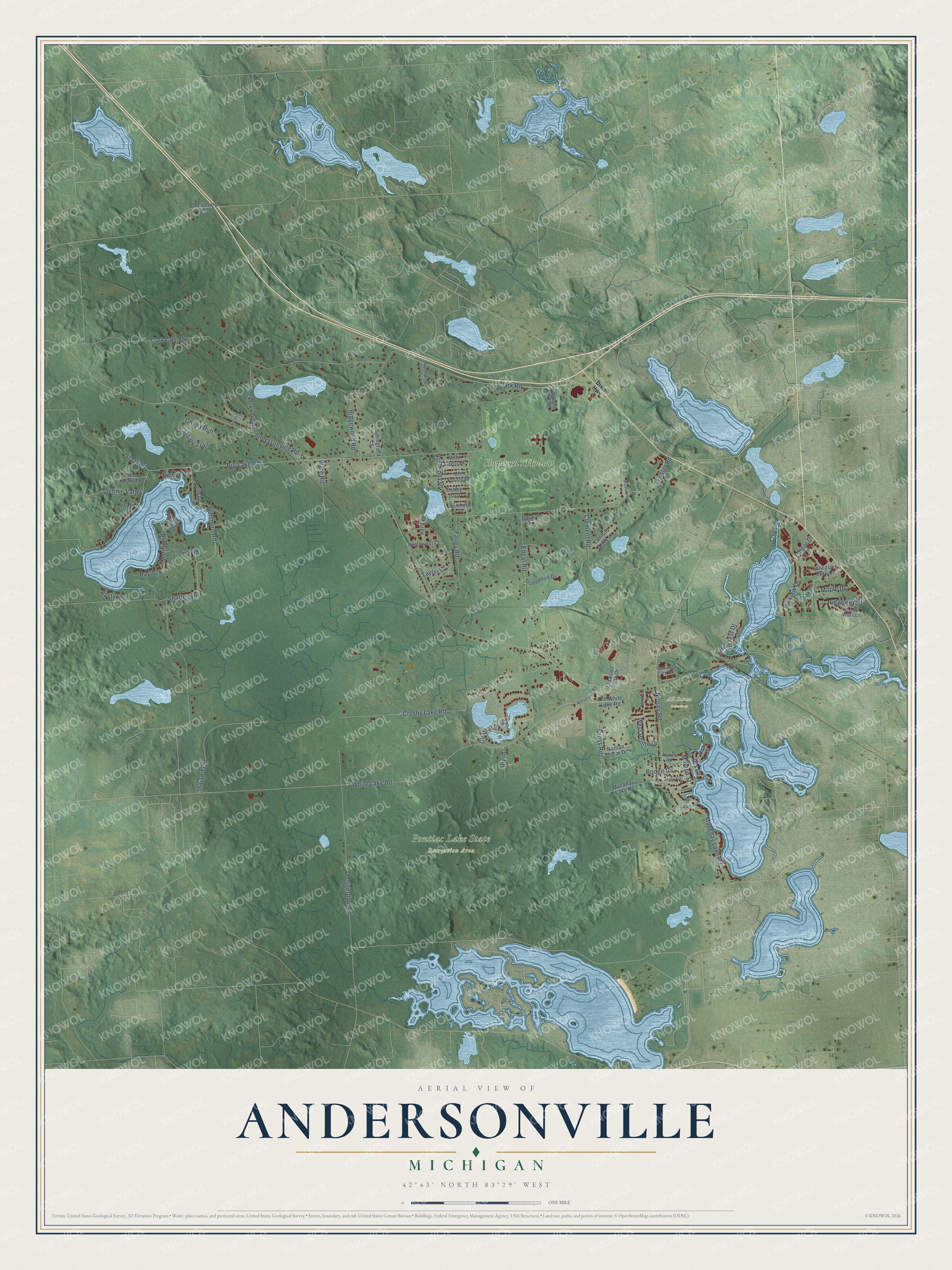 Full map of Andersonville, Michigan, with red buildings, printed street names and the land around them
