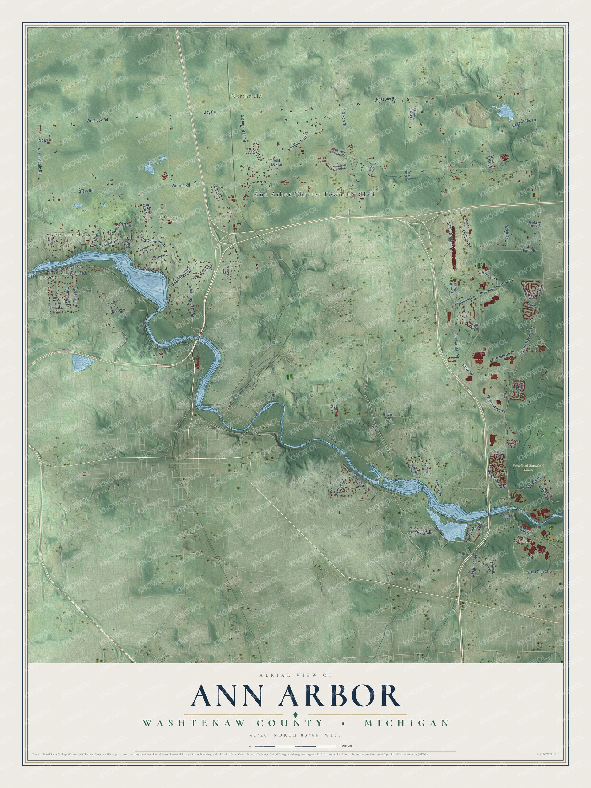 Full map of Ann Arbor, Michigan, with red buildings, printed street names and the land around them