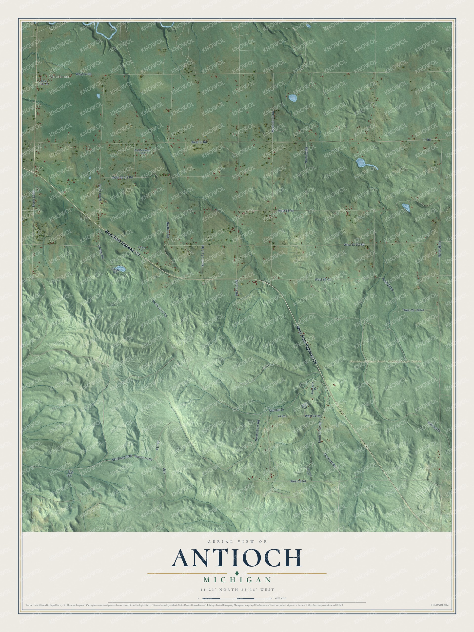 Full map of Antioch, Michigan, with red buildings, printed street names and the land around them
