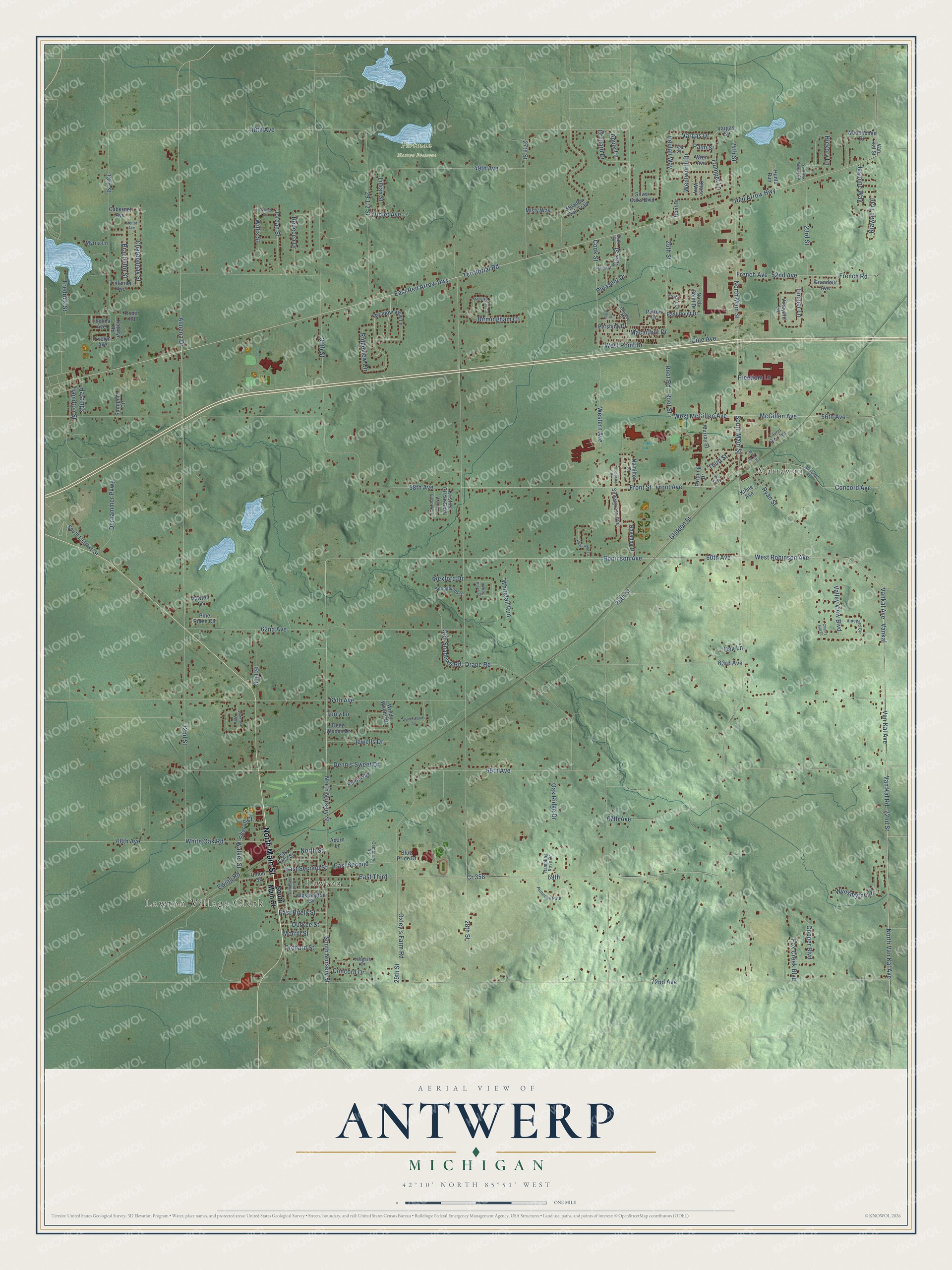 Full map of Antwerp, Michigan, with red buildings, printed street names and the land around them