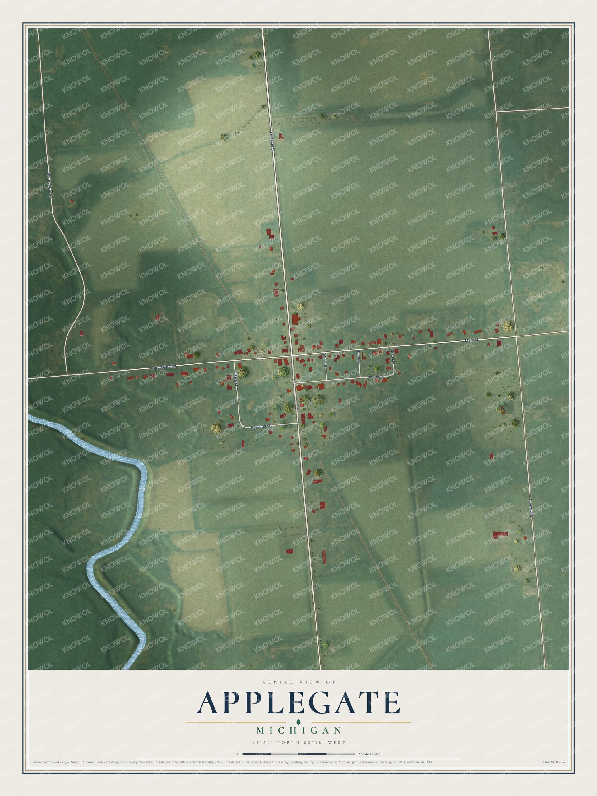Full map of Applegate, Michigan, with red buildings, printed street names and the land around them