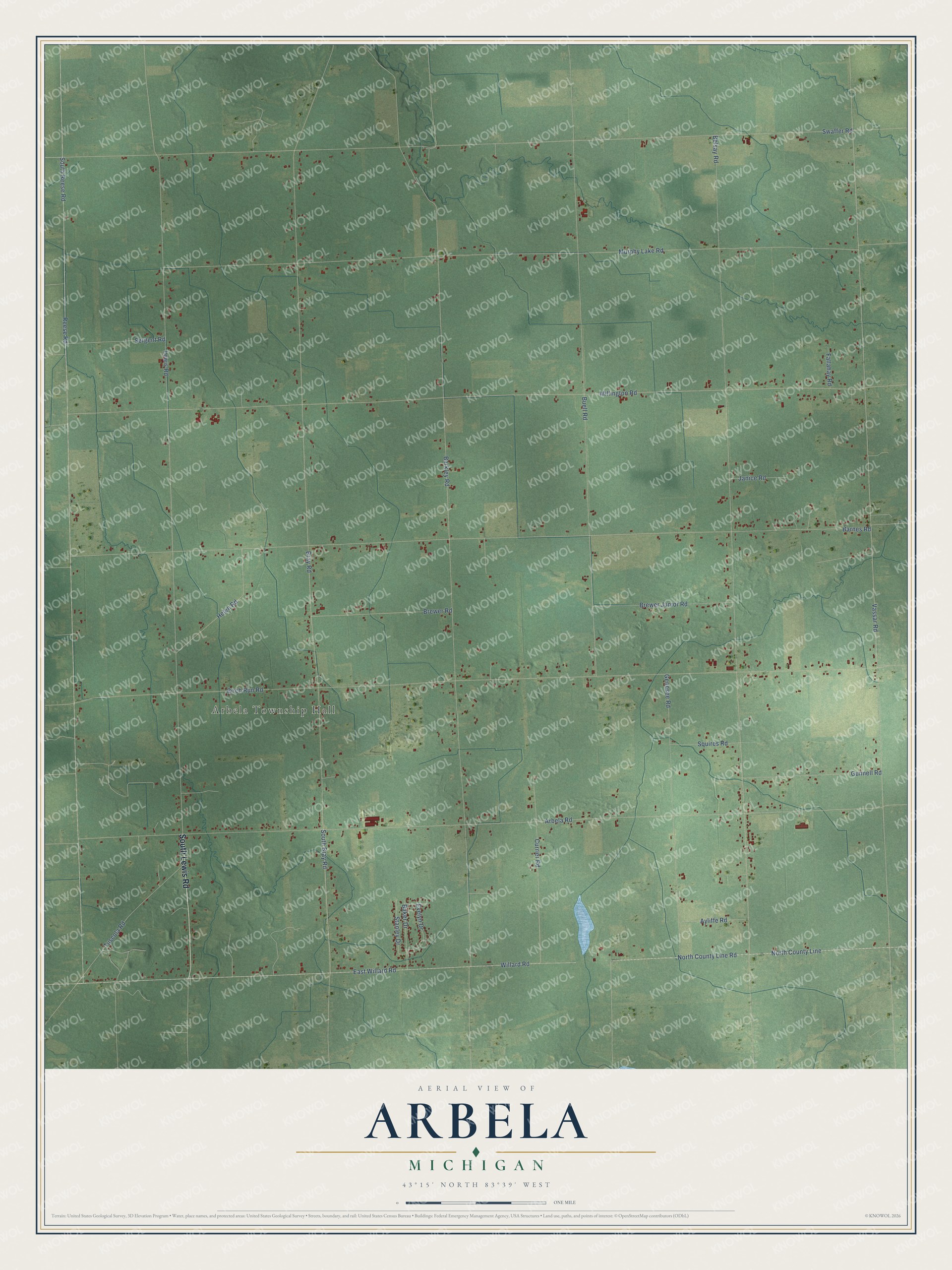 Full map of Arbela, Michigan, with red buildings, printed street names and the land around them