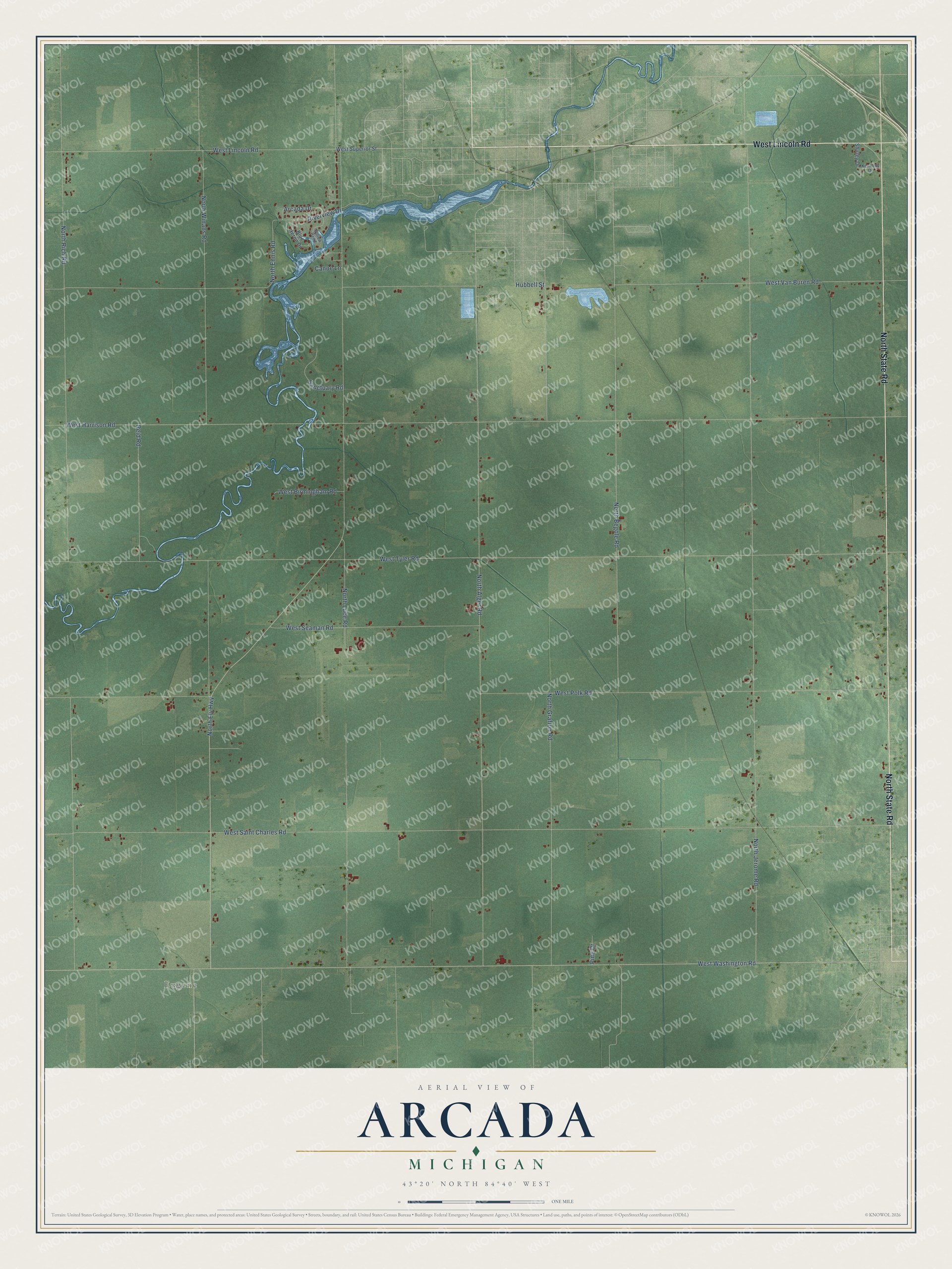 Full map of Arcada, Michigan, with red buildings, printed street names and the land around them