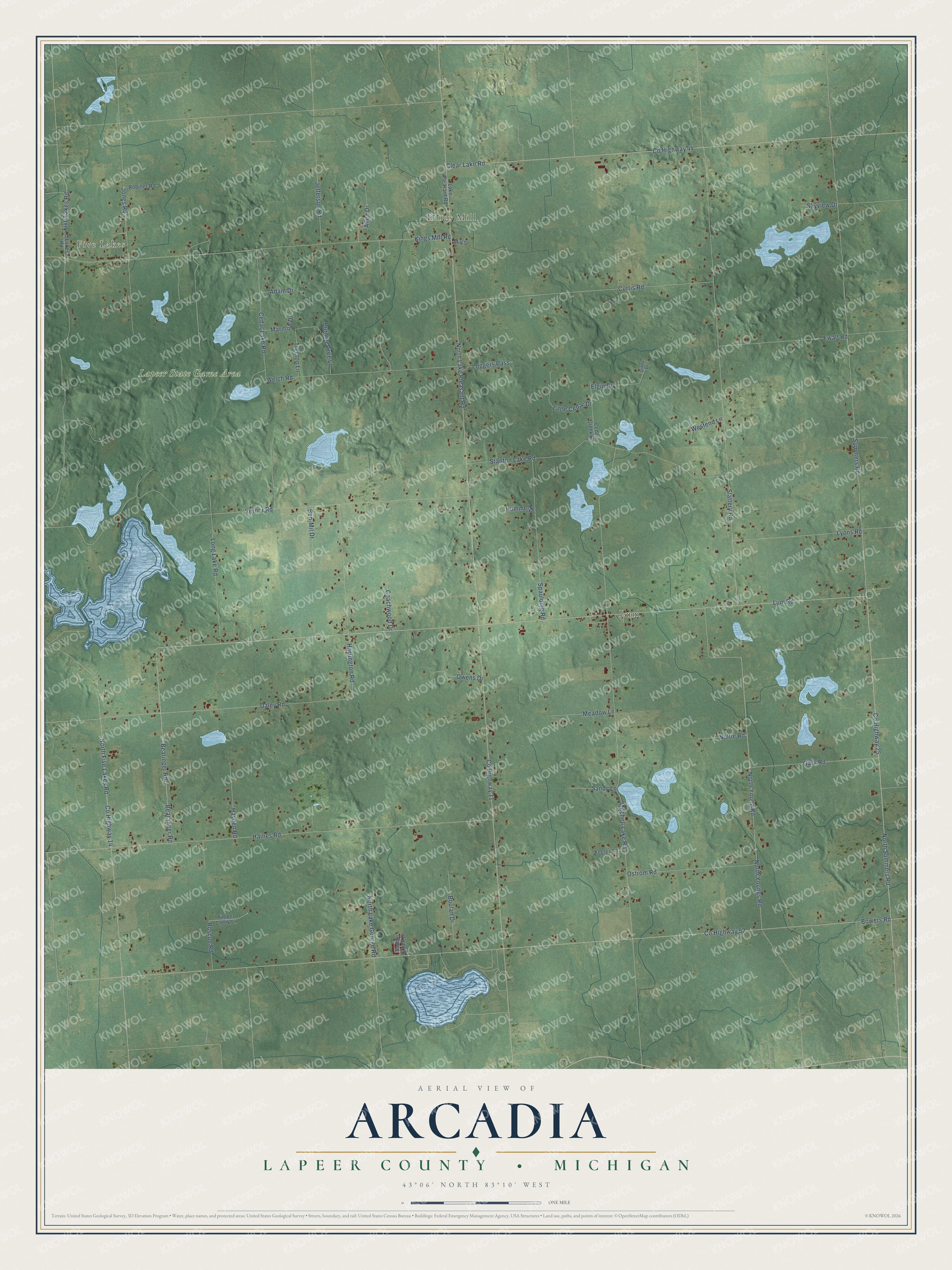 Full map of Arcadia, Michigan, with red buildings, printed street names and the land around them