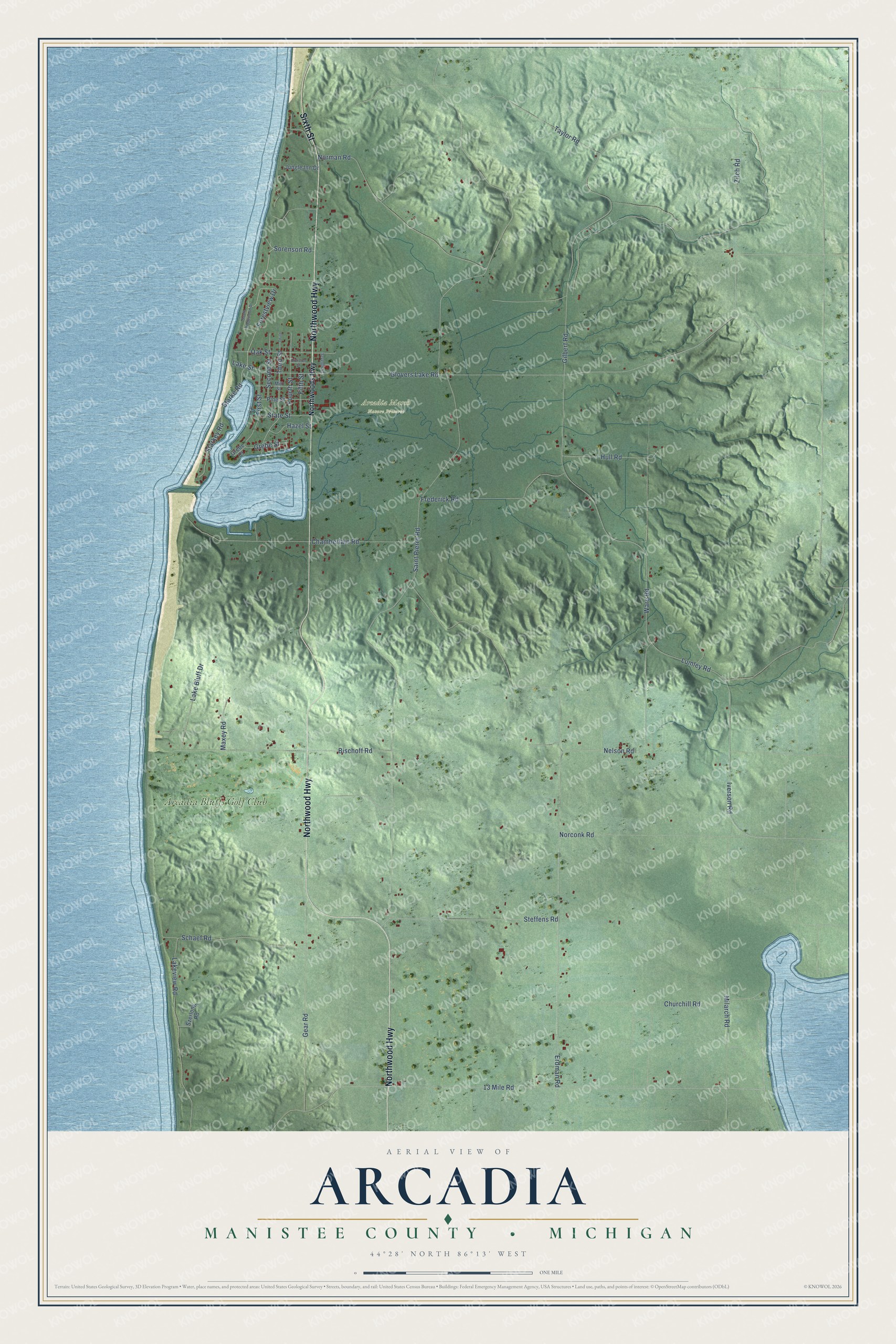 Full map of Arcadia, Michigan, with red buildings, printed street names and the land around them