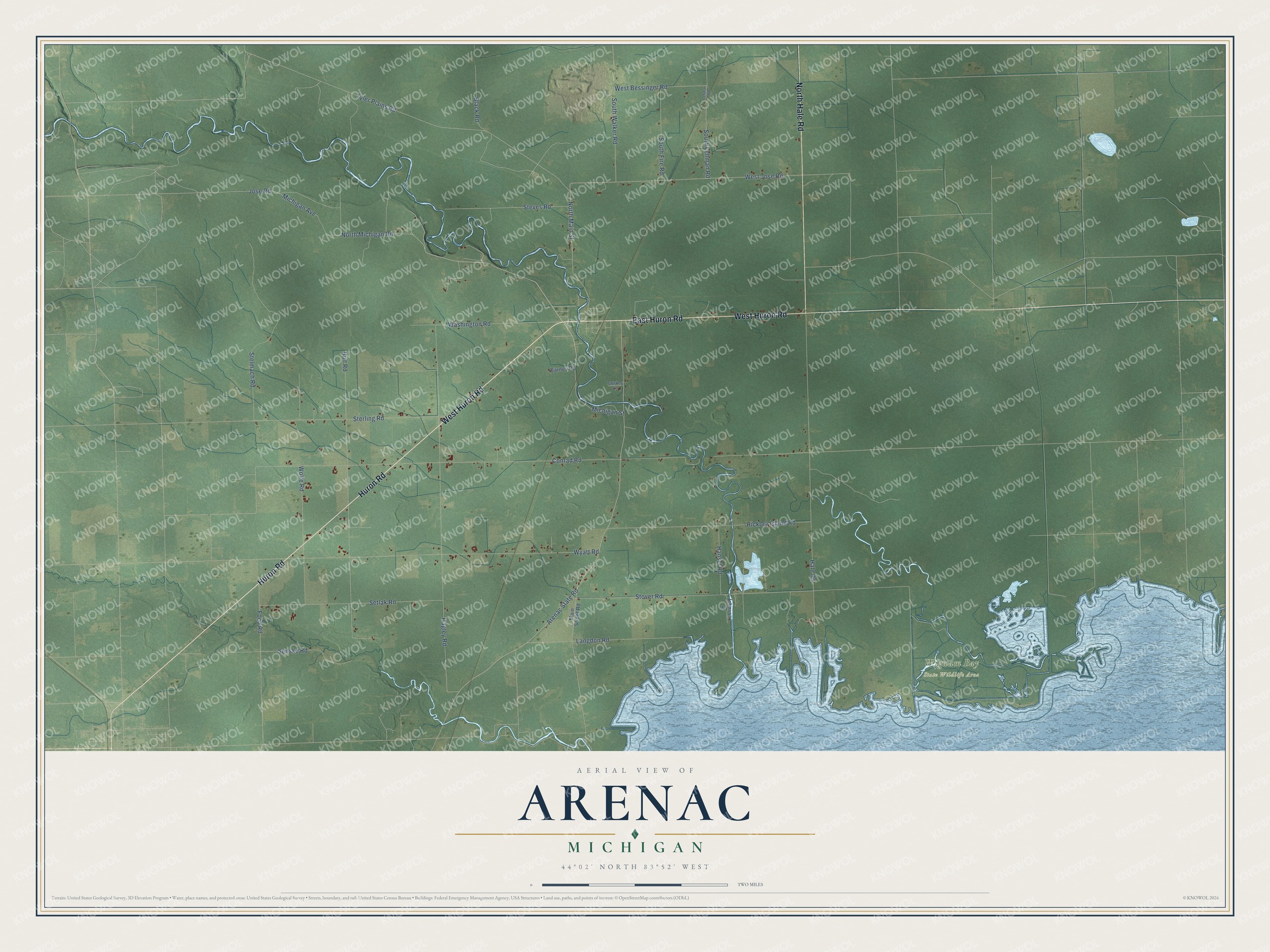 Full map of Arenac, Michigan, with red buildings, printed street names and the land around them