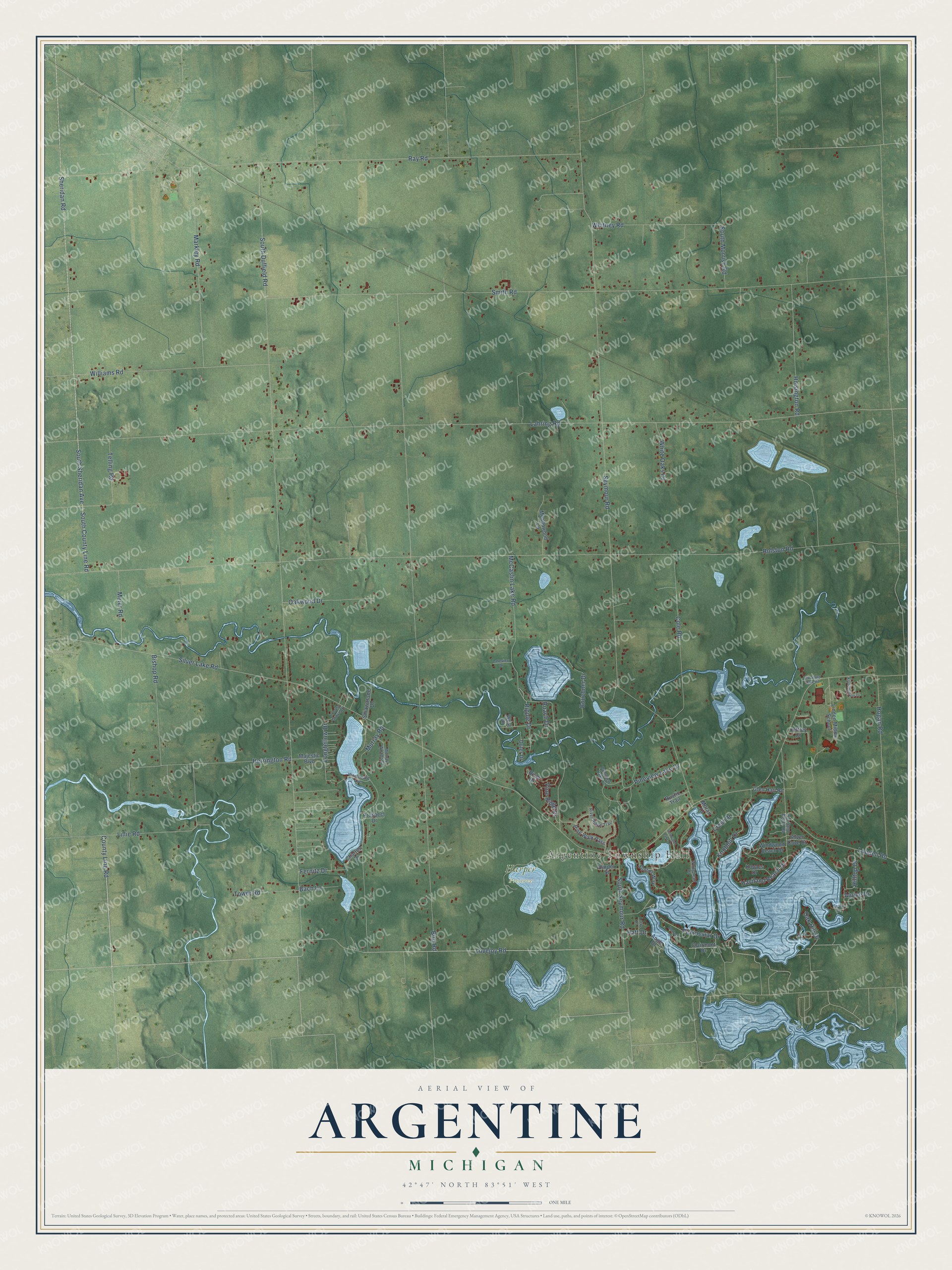 Full map of Argentine, Michigan, with red buildings, printed street names and the land around them