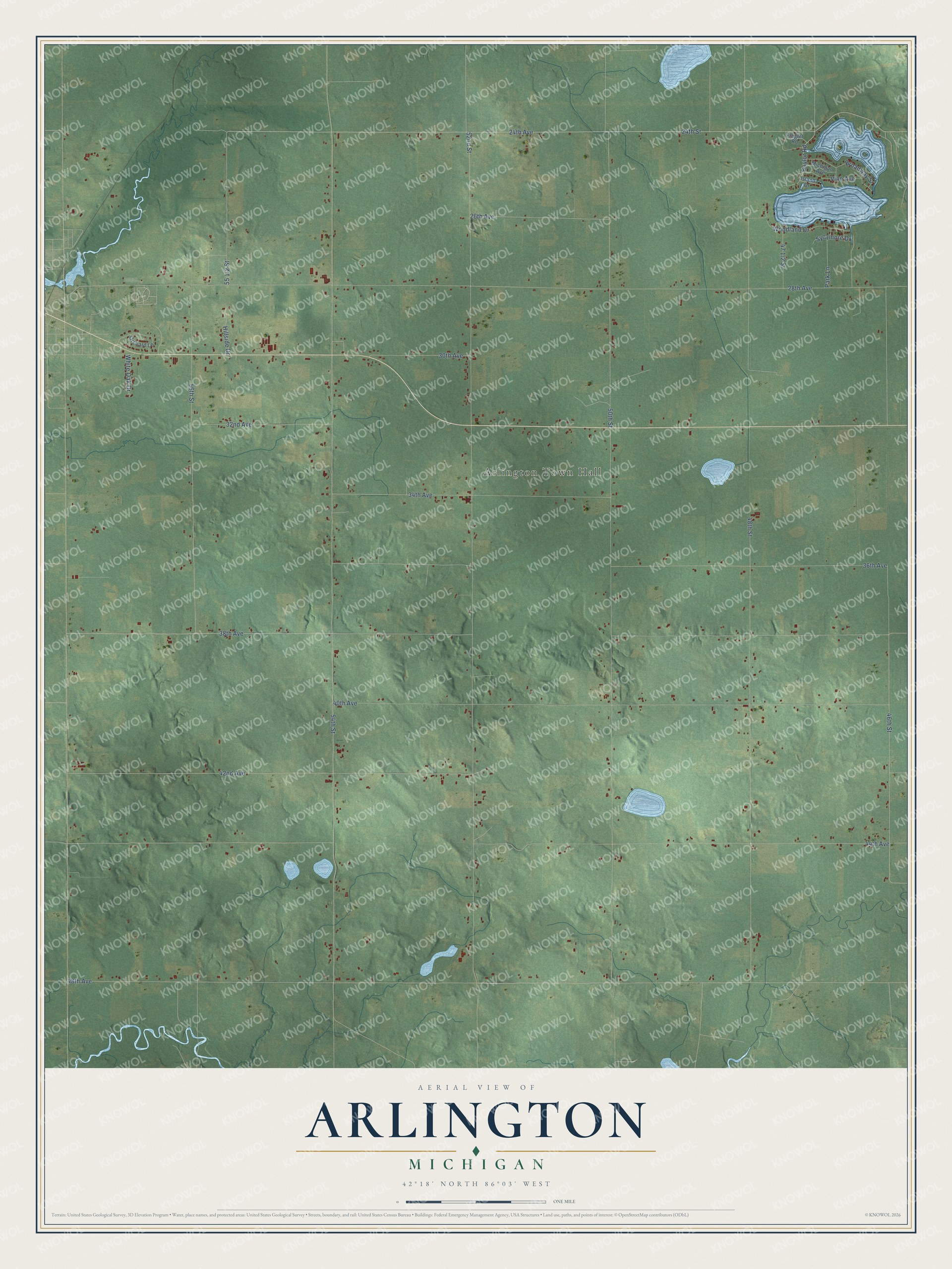 Full map of Arlington, Michigan, with red buildings, printed street names and the land around them