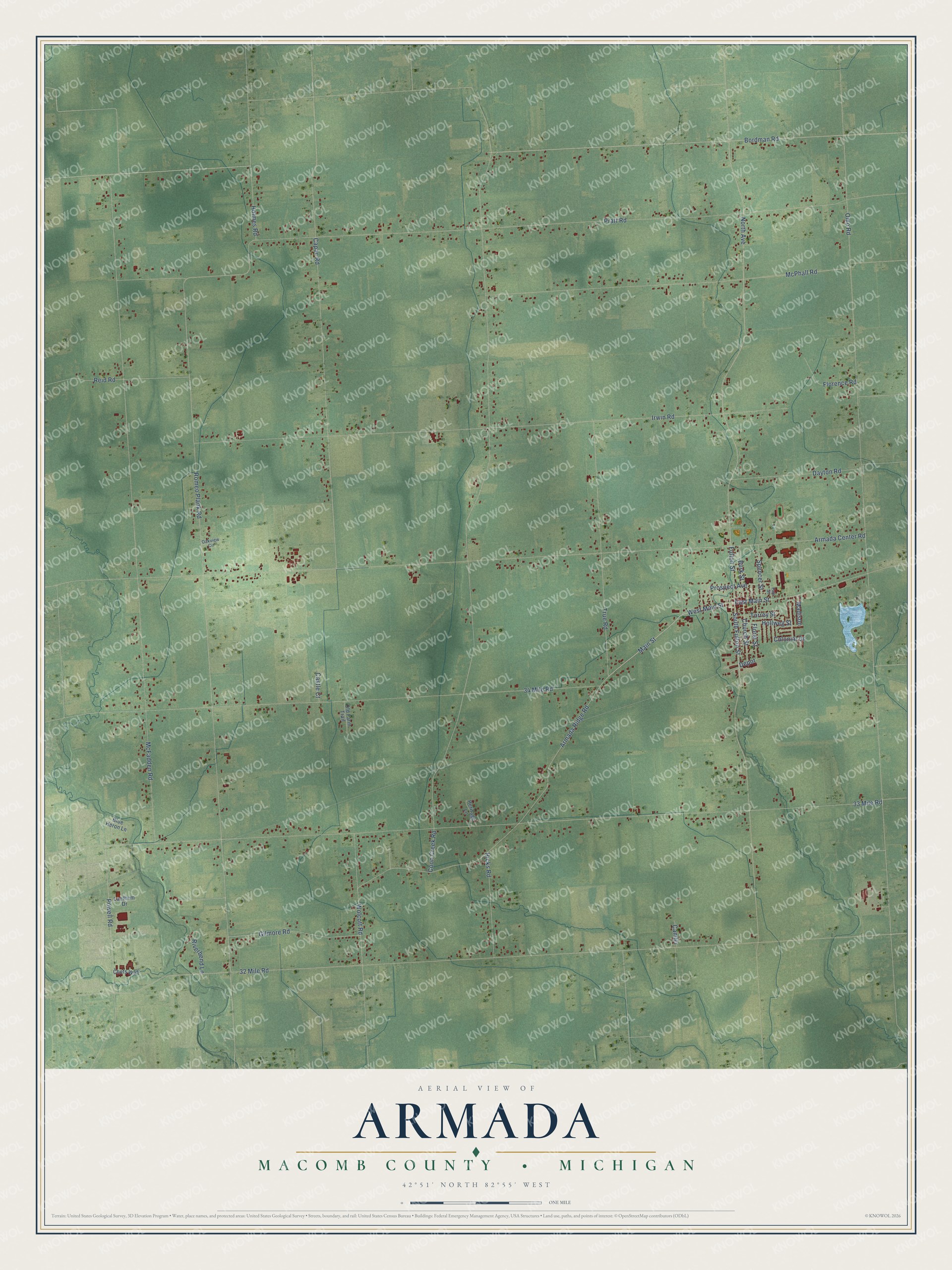 Full map of Armada, Michigan, with red buildings, printed street names and the land around them