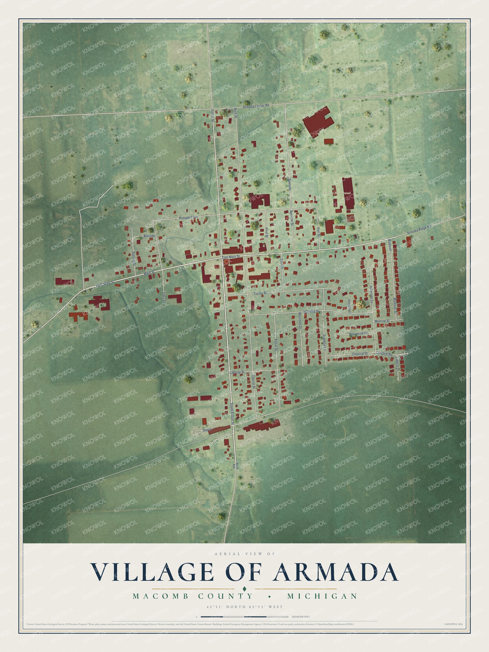 Full map of Armada, Michigan, with red buildings, printed street names and the land around them
